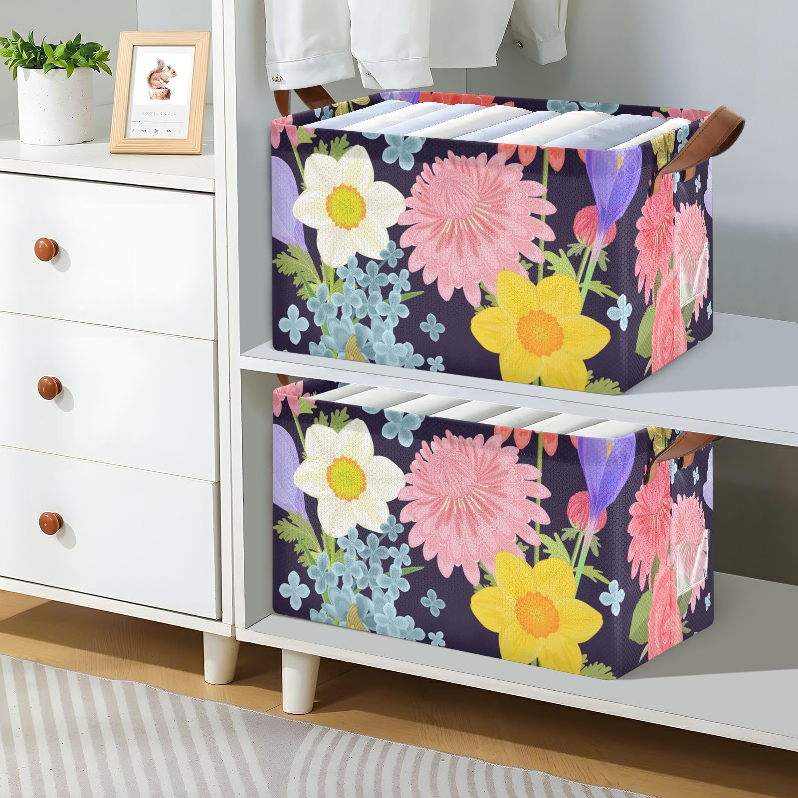 Bright Floral Pattern Storage Bins with Handles - 2 Pack Closet Organizer for Clothes, Jeans, Books | Versatile Home & Office Storage Solution for Bedroom, Bathroom, and Kids Room Organization