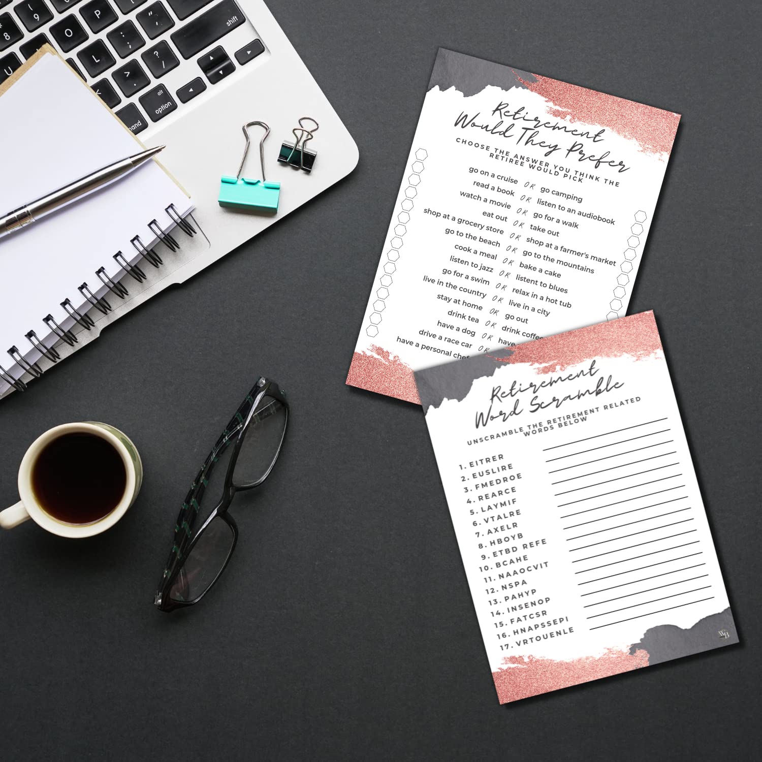 Rose Gold Retirement Party Games Cards - 50 Double-Sided Word Scramble & Would They Prefer? Game Cards for Women, Adults & Seniors - Perfect for Retirement Celebrations, Office Parties & Senior Social Events