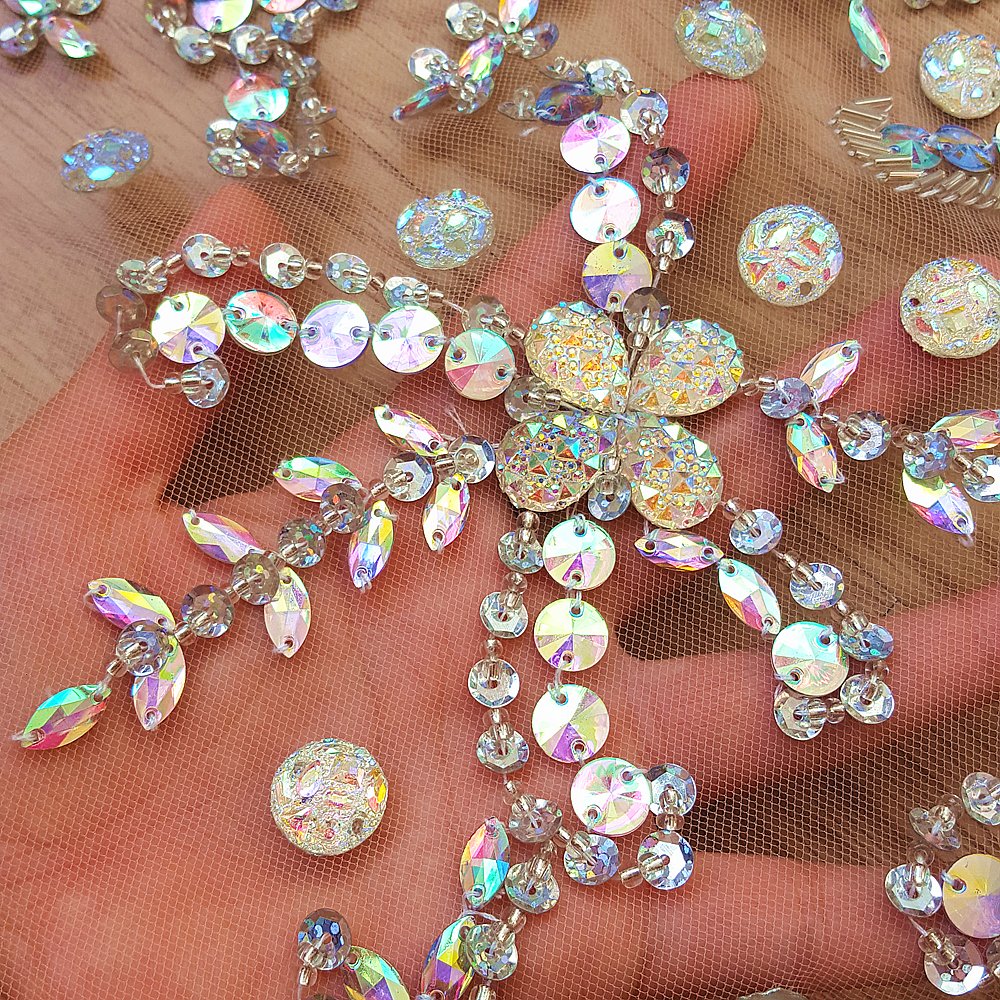 Handmade Crystal AB Rhinestone Applique Patch - 38x56cm Big Beaded Bridal Sew-on Embellishment for DIY Wedding Dress, Gown & Costume Trim | Perfect for Bridal, Evening Wear & DIY Fashion Projects