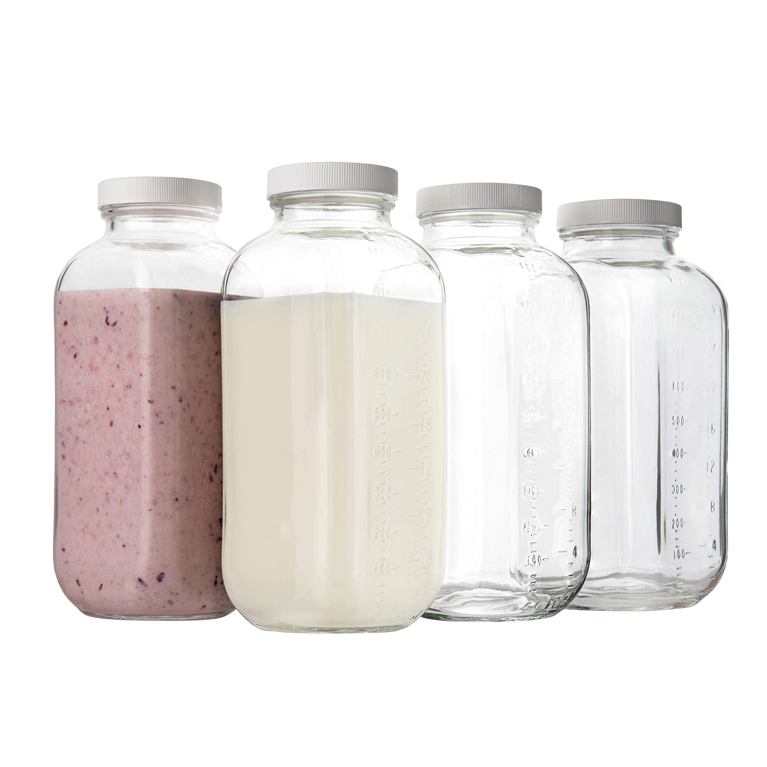 Vintage 32oz Square Glass Milk Bottle with Airtight Plastic Lid - Reusable Quart-Sized Dairy Container for Milk, Yogurt, Smoothies, Kefir, Kombucha & Water - Perfect for Home, Cafe & Meal Prep - Pack of 2