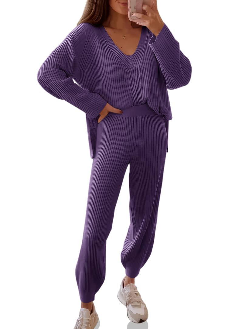 Tankaneo Women's Knit Sweater and Pants Set - Oversized V-Neck Pullover & Wide Leg Lounge Pants | Fall Winter Cozy Outfits | Perfect for Home Relaxation, Coffee Dates & Casual Weekends