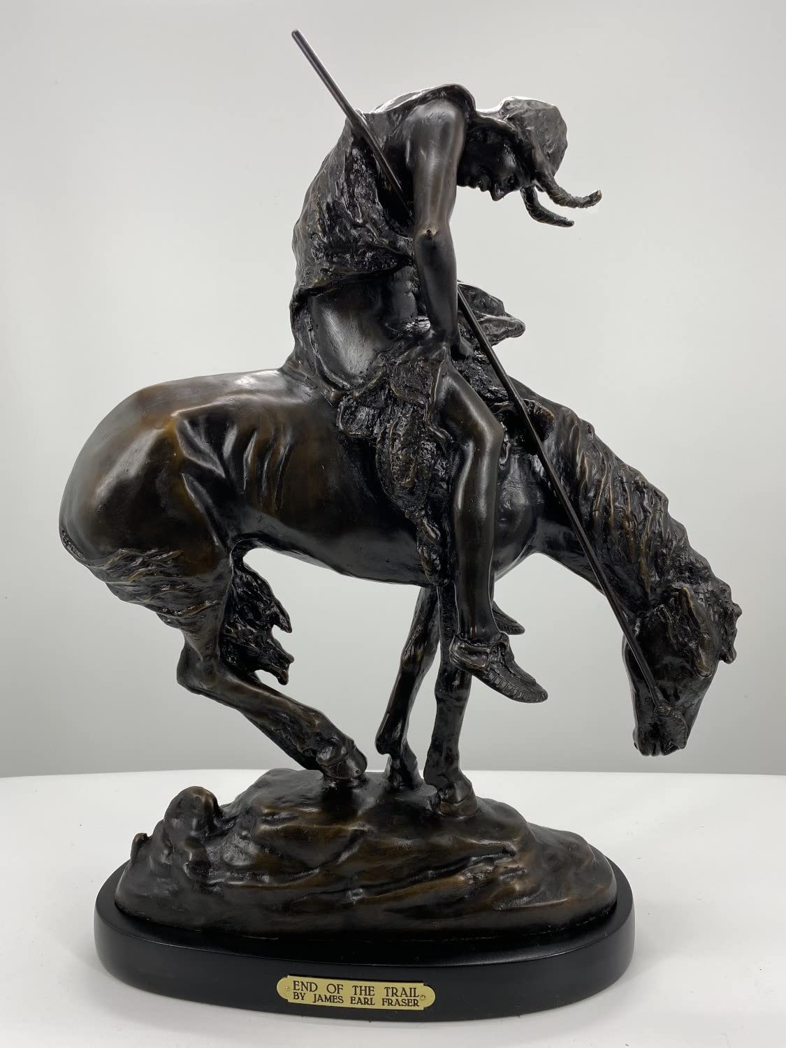 James Earle Fraser Solid Bronze End of The Trail Statue Sculpture - Baby Size | Western Art Decor for Home, Office & Gift | Native American Warrior Figurine for Bookshelf & Desk Display