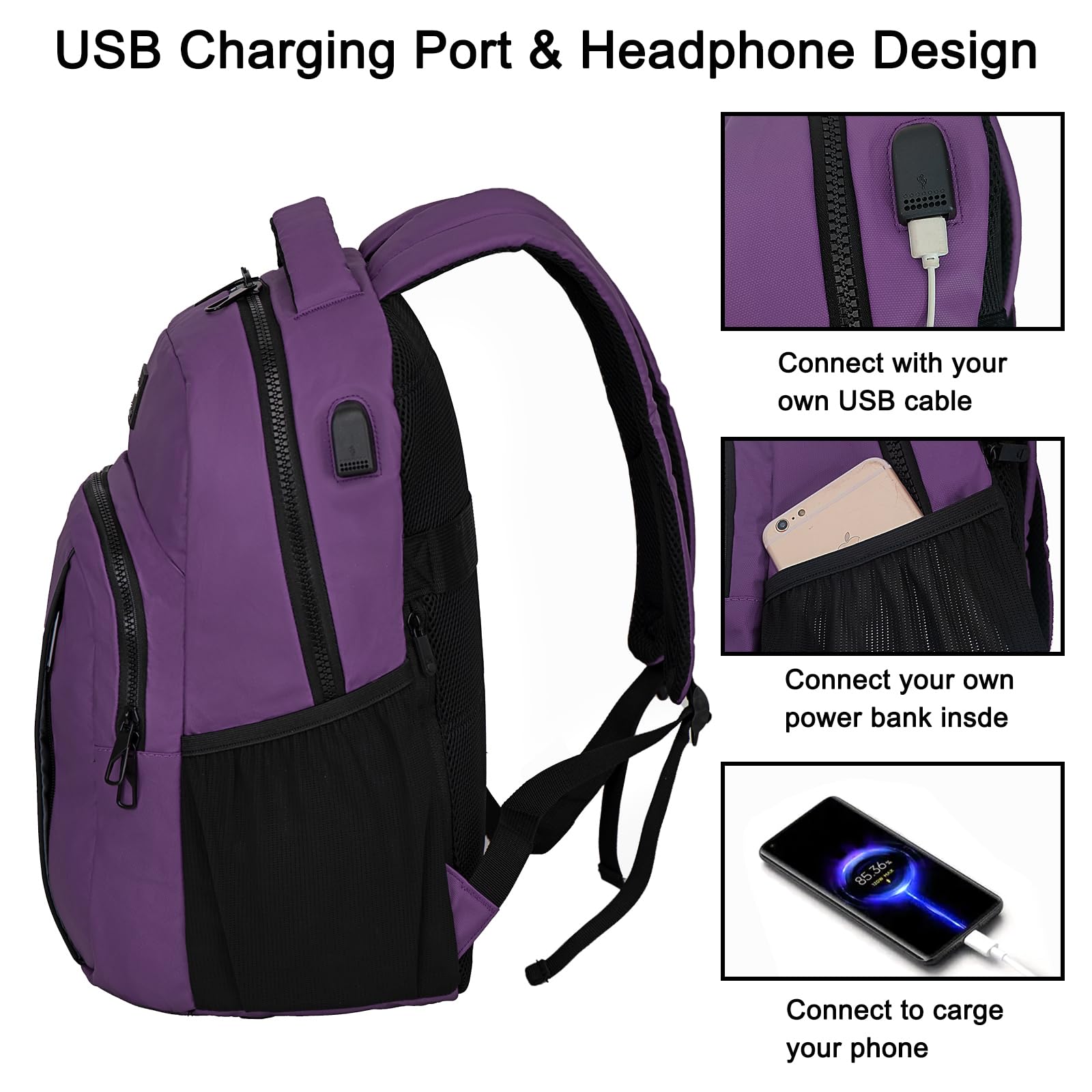 Goloni 15.6 Inch Lightweight Waterproof Laptop Backpack with USB Charging Port - Durable Travel, Work & School Bag for Men & Women - Perfect for College, High School & Business Use (Purple)
