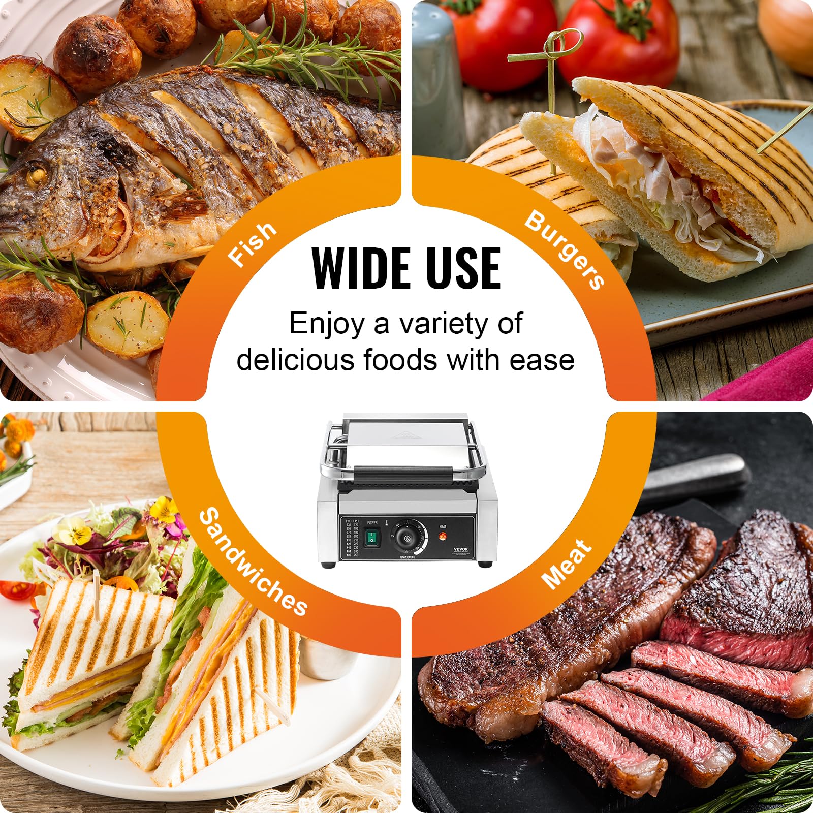 VEVOR 1800W Commercial Panini Grill Press - Electric Sandwich Maker with Stainless Steel Body, Temperature Control & 9