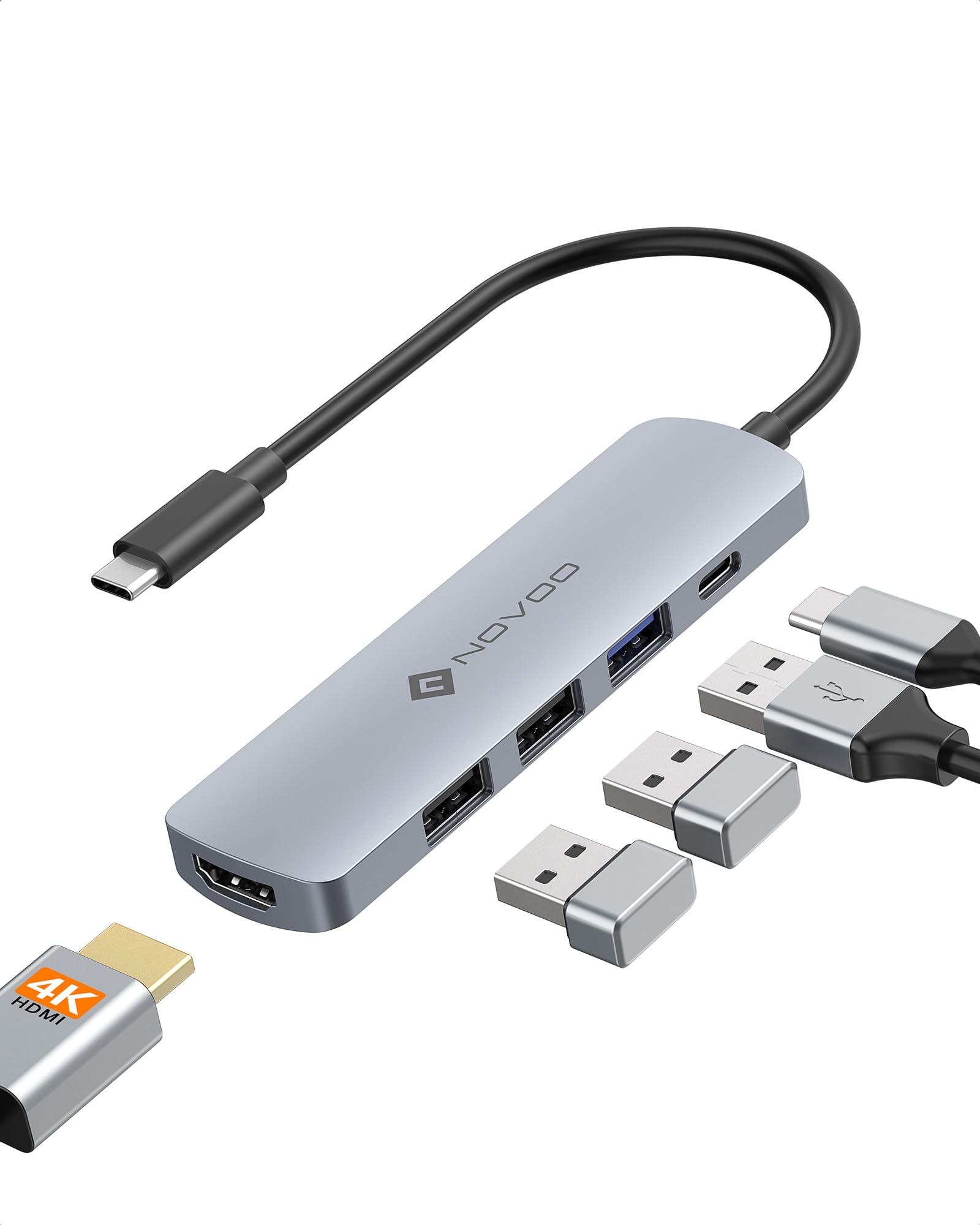 NOVOO 5-in-1 USB C Hub with 4K HDMI, 100W PD, 3 USB-A Ports - Multiport Adapter for MacBook Pro/Air, Dell XPS, Lenovo ThinkPad - Perfect for Home Office, Video Conferencing & Multi-Device Charging (Gray)