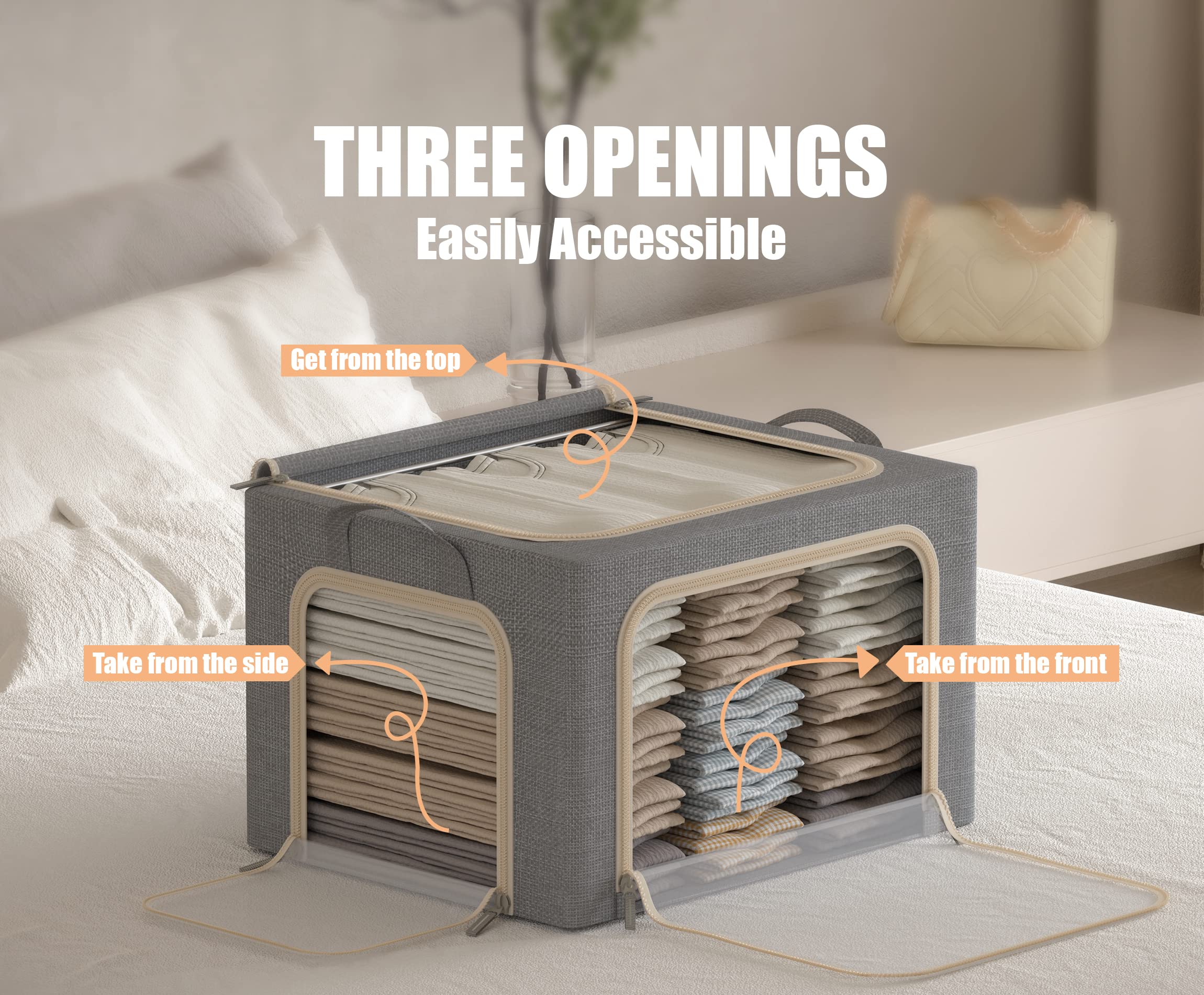3-Pack Foldable Clothes Storage Bins with Metal Frame & Clear Window - 40L Linen Storage Box with Lid, Zippers & Durable Handles (Light Grey) - Perfect for Closet Organization, Seasonal Clothing Storage & Bedroom Decor