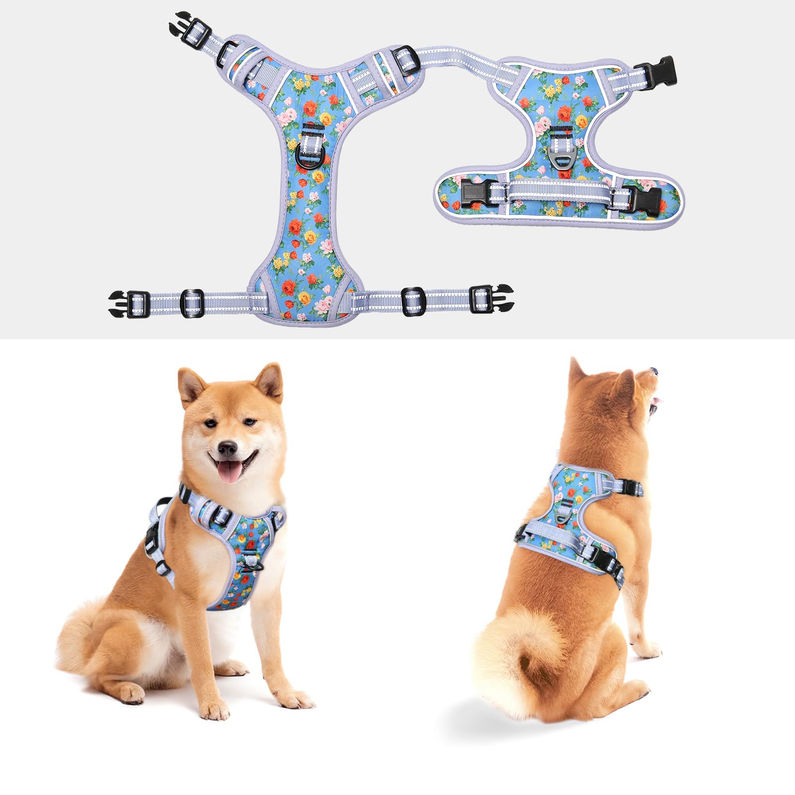 No Pull Dog Harness with 3 Snap Buckles - Reflective Oxford No Choke Harness for Small Medium Large & X-Large Dogs - Front & Back Metal Leash Clips - Soft Padded Comfort - Perfect for Walking, Training & Outdoor Adventures (Pack of 1)