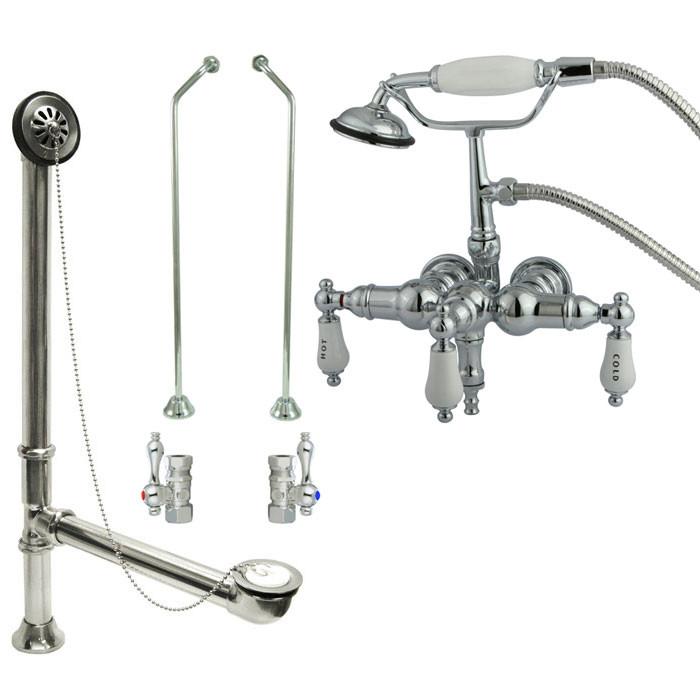 Chrome Wall Mount Clawfoot Tub Faucet with Hand Shower and Drain Stops - CC22T1 System | Vintage Style Bathroom Fixture for Classic & Modern Bathrooms