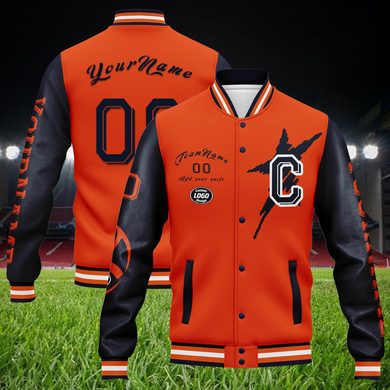 Custom Blue and Orange Chicago Bomber Jacket - Personalized Varsity Letterman Jacket with Full Snap Closure (FZ005SX D020290) - Perfect for Sports Fans, School Spirit, and Casual Streetwear