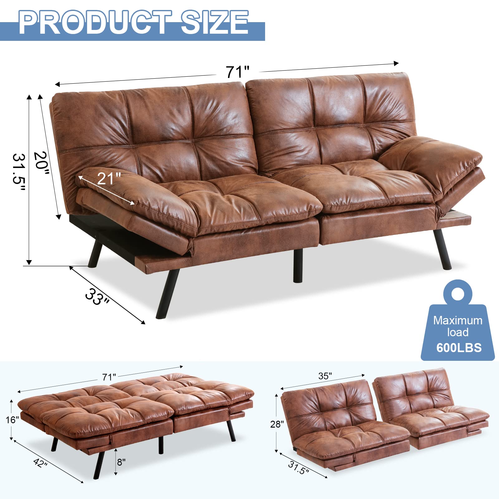 MUUEGM Convertible Futon Sofa Bed - Faux Leather Memory Foam Sleeper Couch with Removable Armrests, Modern Daybed for Small Spaces, Brown | Perfect for Living Rooms, Guest Rooms & Compact Apartments