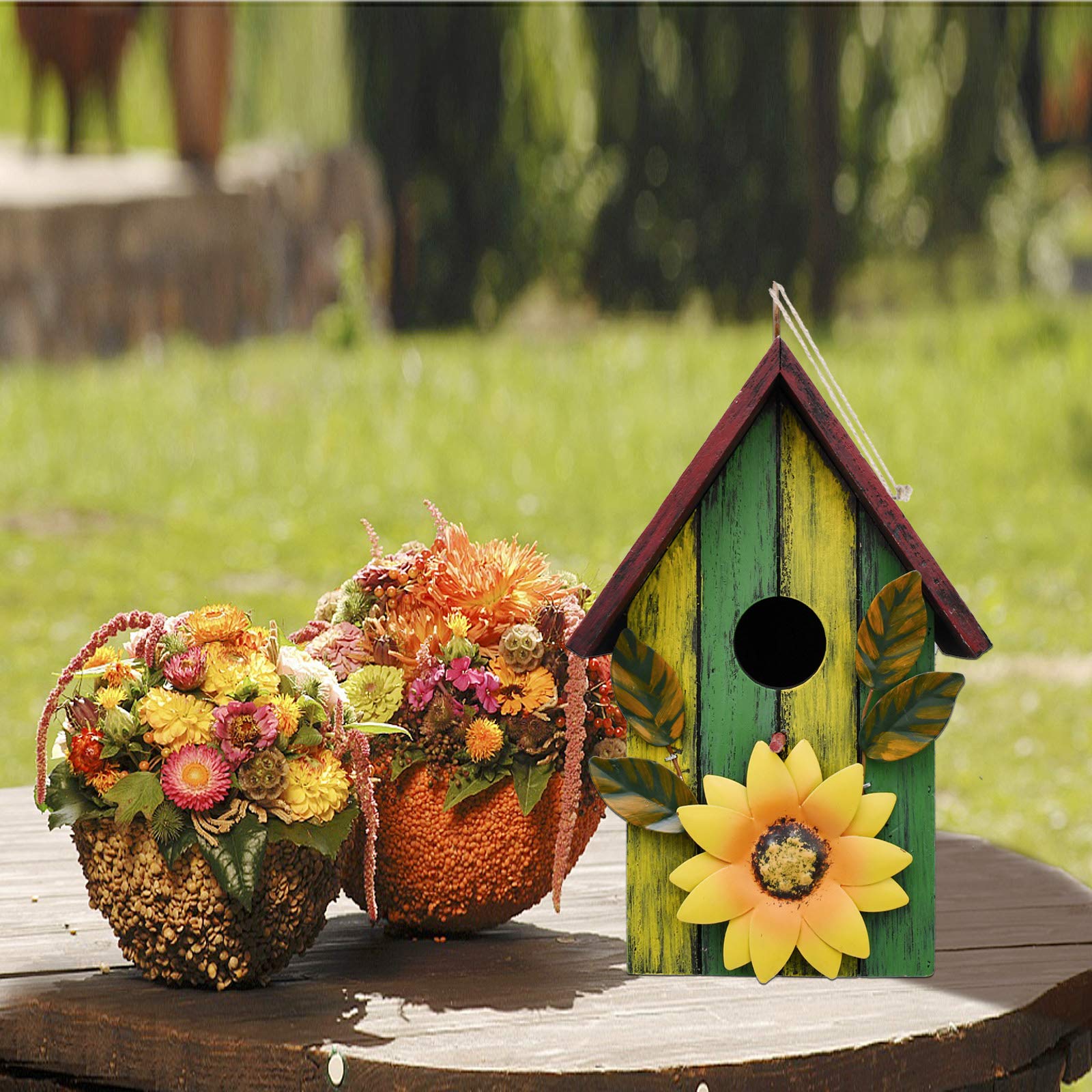 Hand-Painted Wooden Decorative Bird House for Outdoor Hanging - Hummingbird, Finch & Bluebird Nesting Box - Garden Decor for Patio, Yard & Backyard Bird Watching