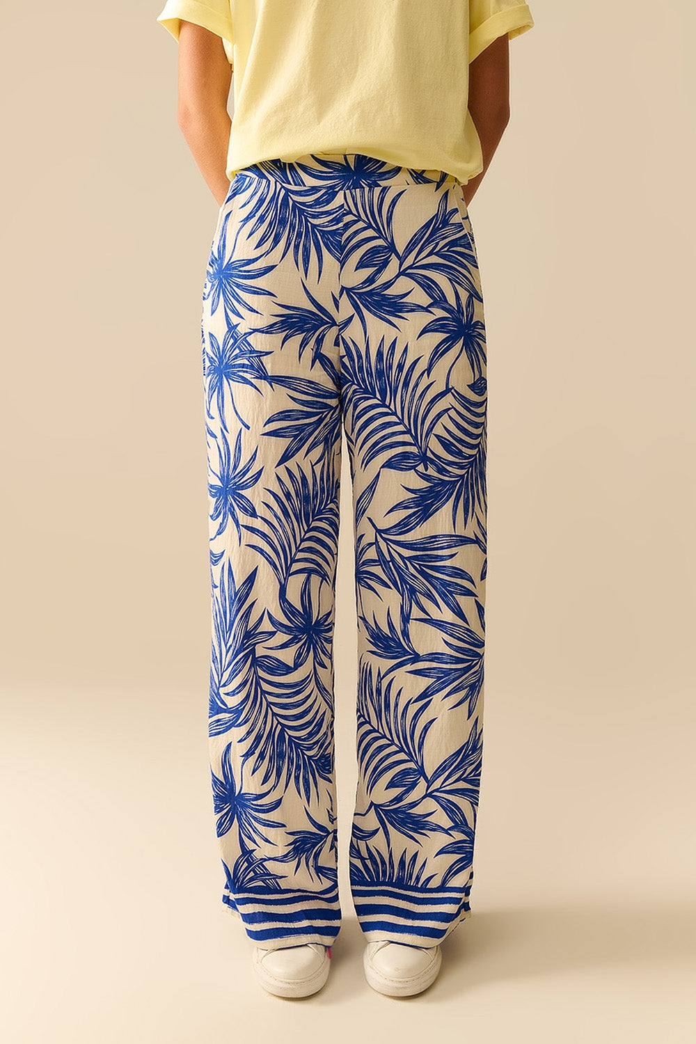 Women's Wide Leg Pants in White with Blue Tropical Print - Boho Chic Beachwear for Summer Vacations & Casual Outings