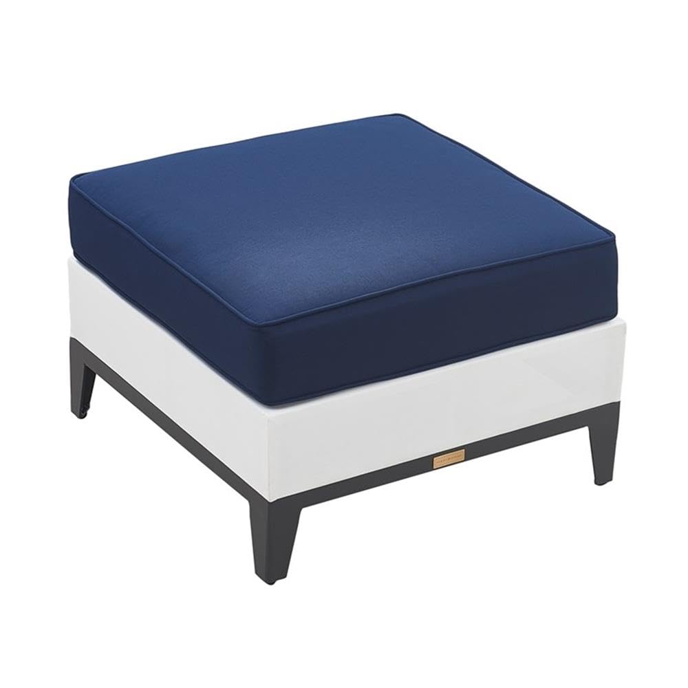 Tommy Hilfiger Hampton Outdoor Ottoman - Coastal White & Navy Stripe - Weather-Resistant Patio Furniture for Poolside, Deck or Garden Relaxation