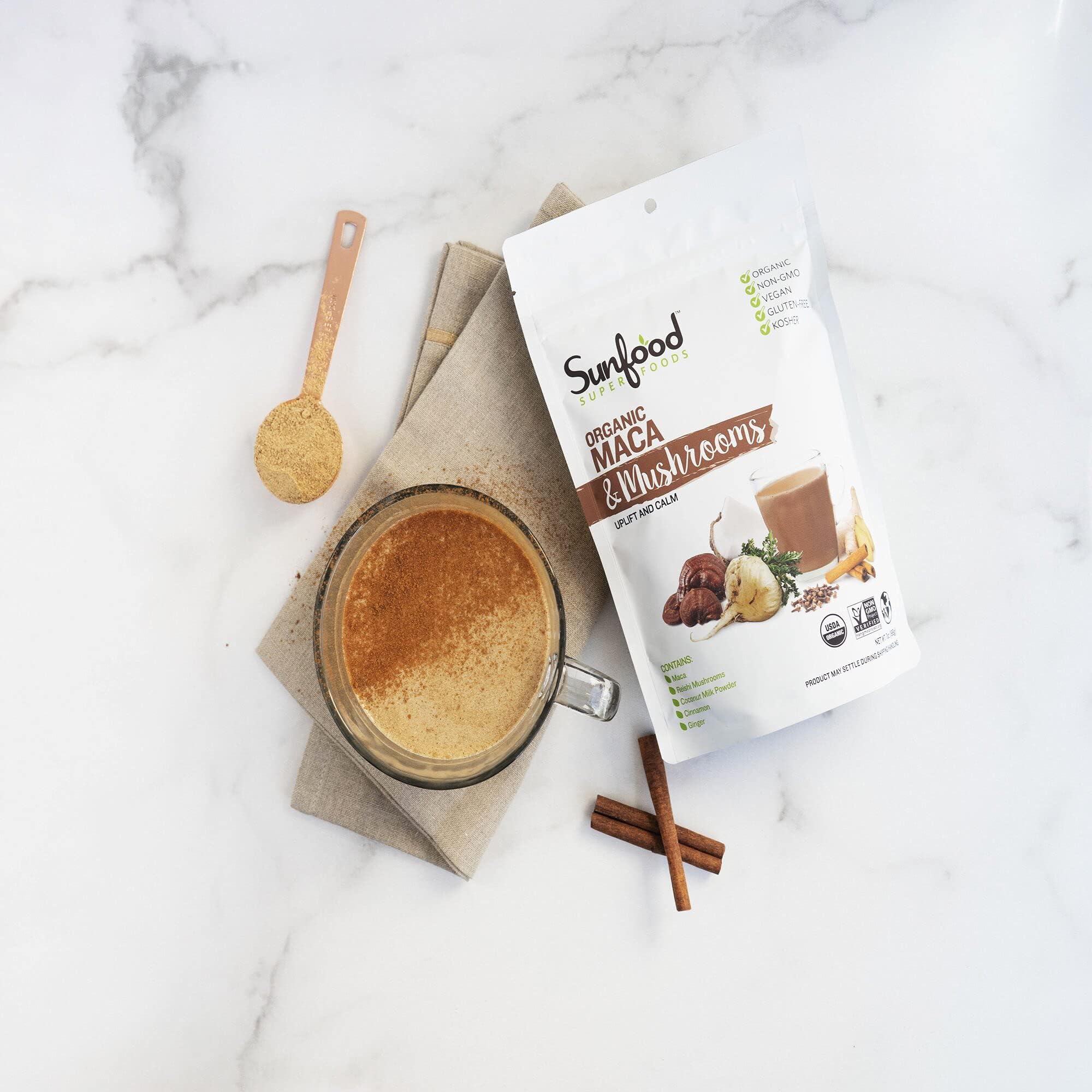 Organic Sunfood Maca & Mushrooms Powder - 7 oz | Energy & Immune Support | Perfect for Smoothies, Coffee & Baking