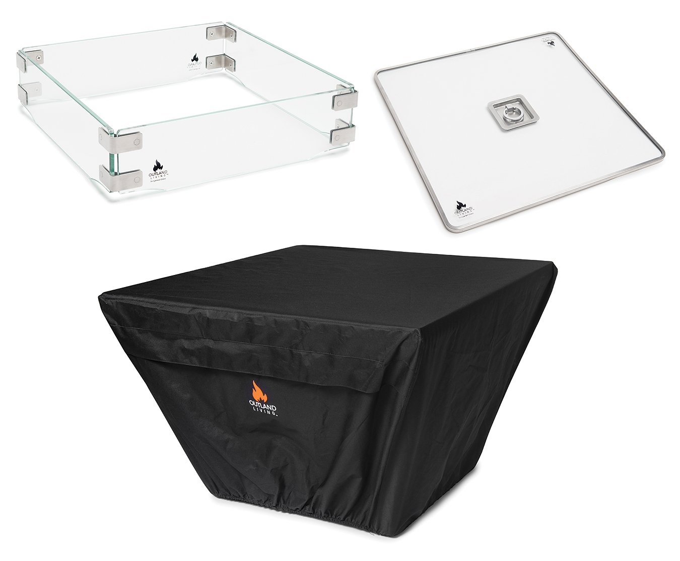 Outland Fire Table 3 Piece Square Accessory Set - Tempered Glass Lid Insert, Wind Guard Fence & UV Resistant Cover for 36-Inch Square Propane Fire Pits - Perfect for Outdoor Patio, Backyard & Camping Gatherings