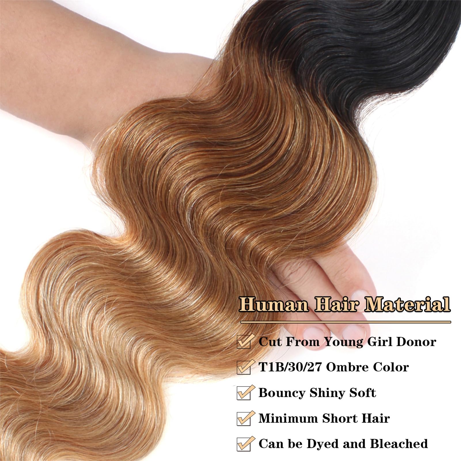 12A Grade Ombre Body Wave Human Hair Bundles - 100% Unprocessed Virgin Brazilian Hair (T1B/30/27, 16