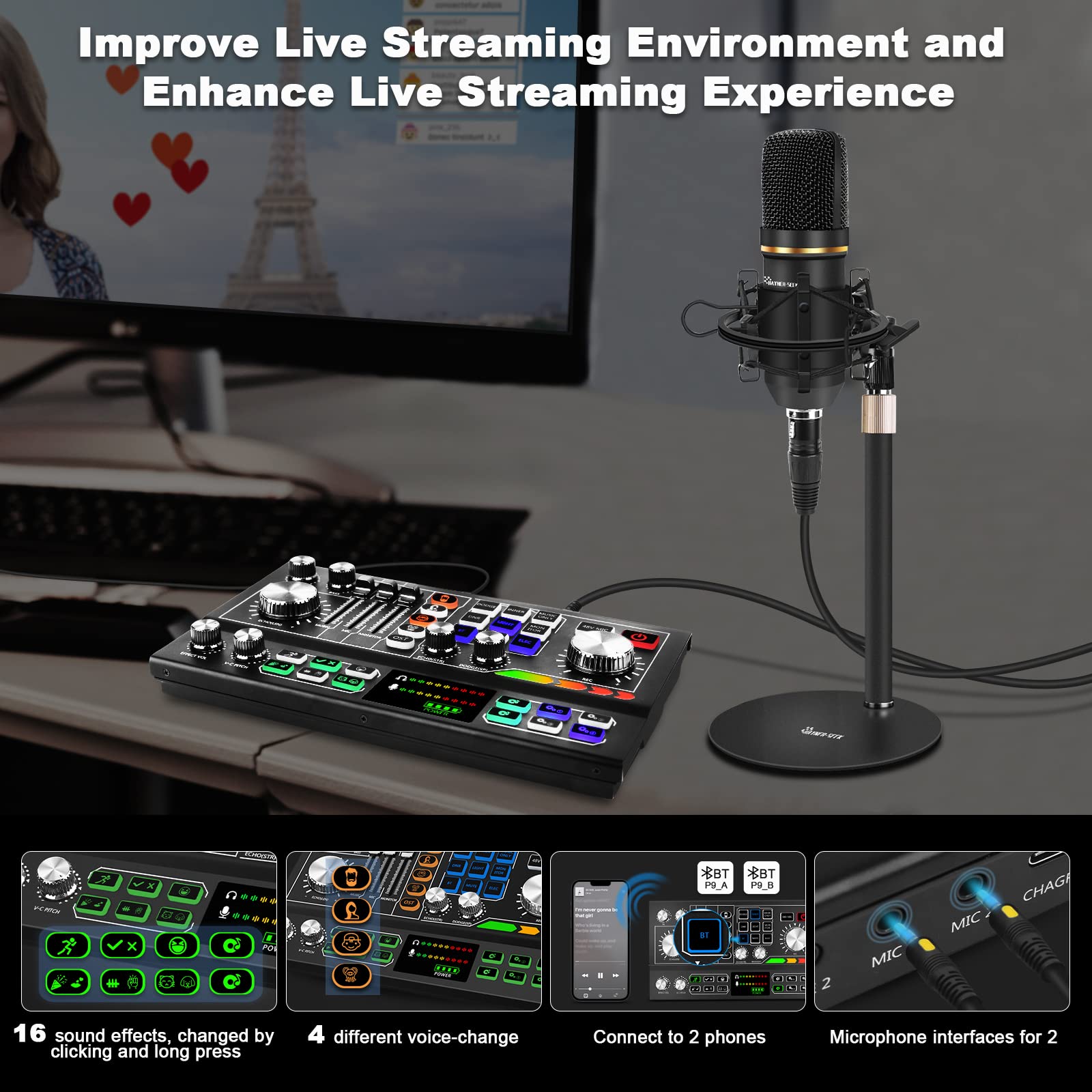 Professional Audio Mixer with Condenser Mic & 48V Phantom Power - USB/USB-C Audio Interface for Podcasting, Live Streaming & Home Studio Recording