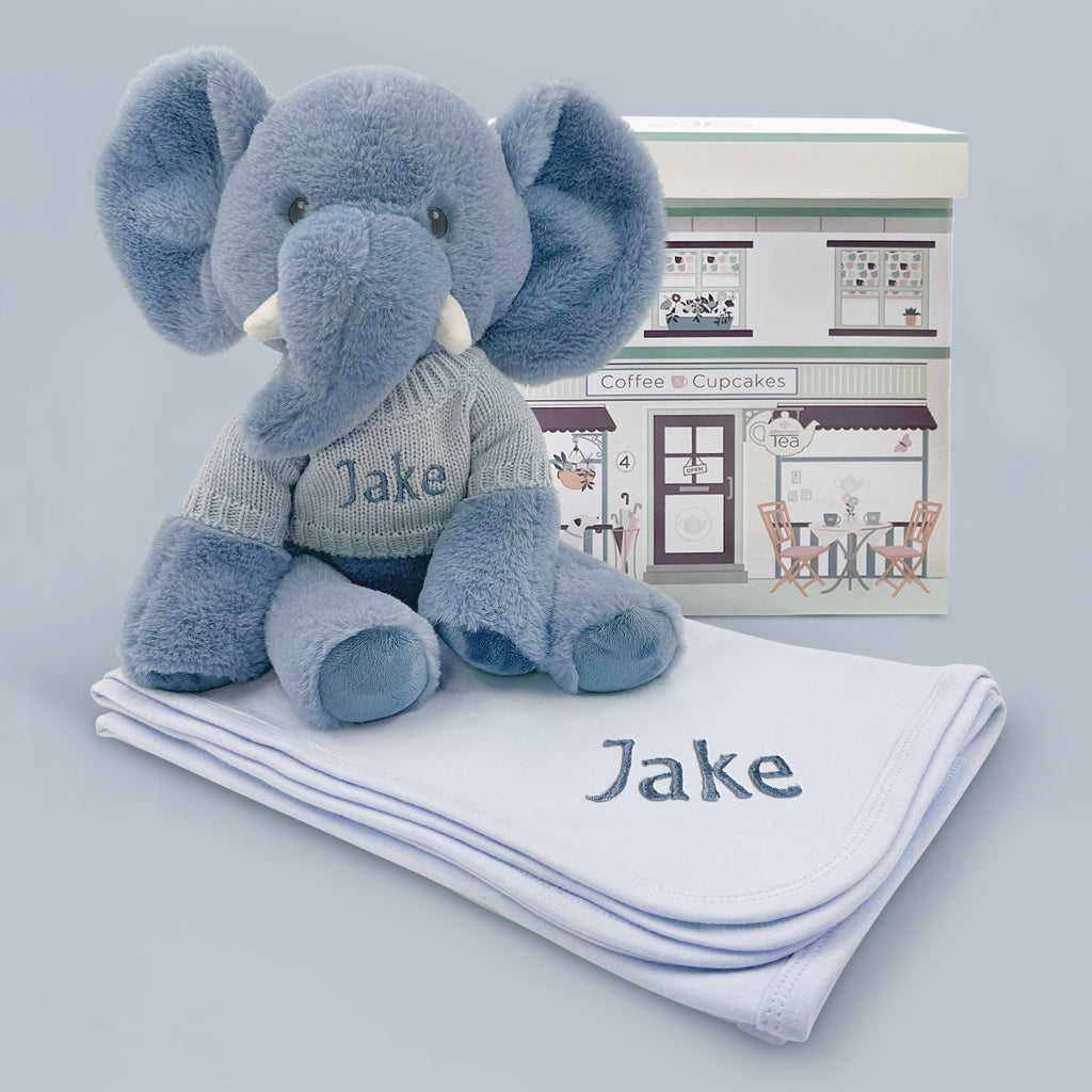 Personalized Esme Elephant Plush Toy with Snuggle Wrap - Soft Blue Stuffed Animal for Kids, Baby Shower Gift & Nursery Decor - Perfect for Cuddling, Gifting and Nursery Themes