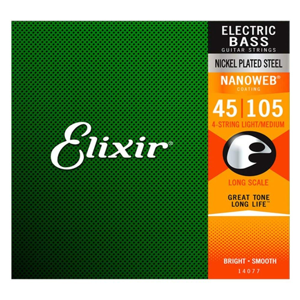 Elixir 14077 Nanoweb Coating Nickel Plated Steel Electric Bass Guitar Strings - Light/Medium Gauge 45-105 (4 Strings) | Long-Lasting Tone & Smooth Playability for Rock, Jazz & Studio Recording