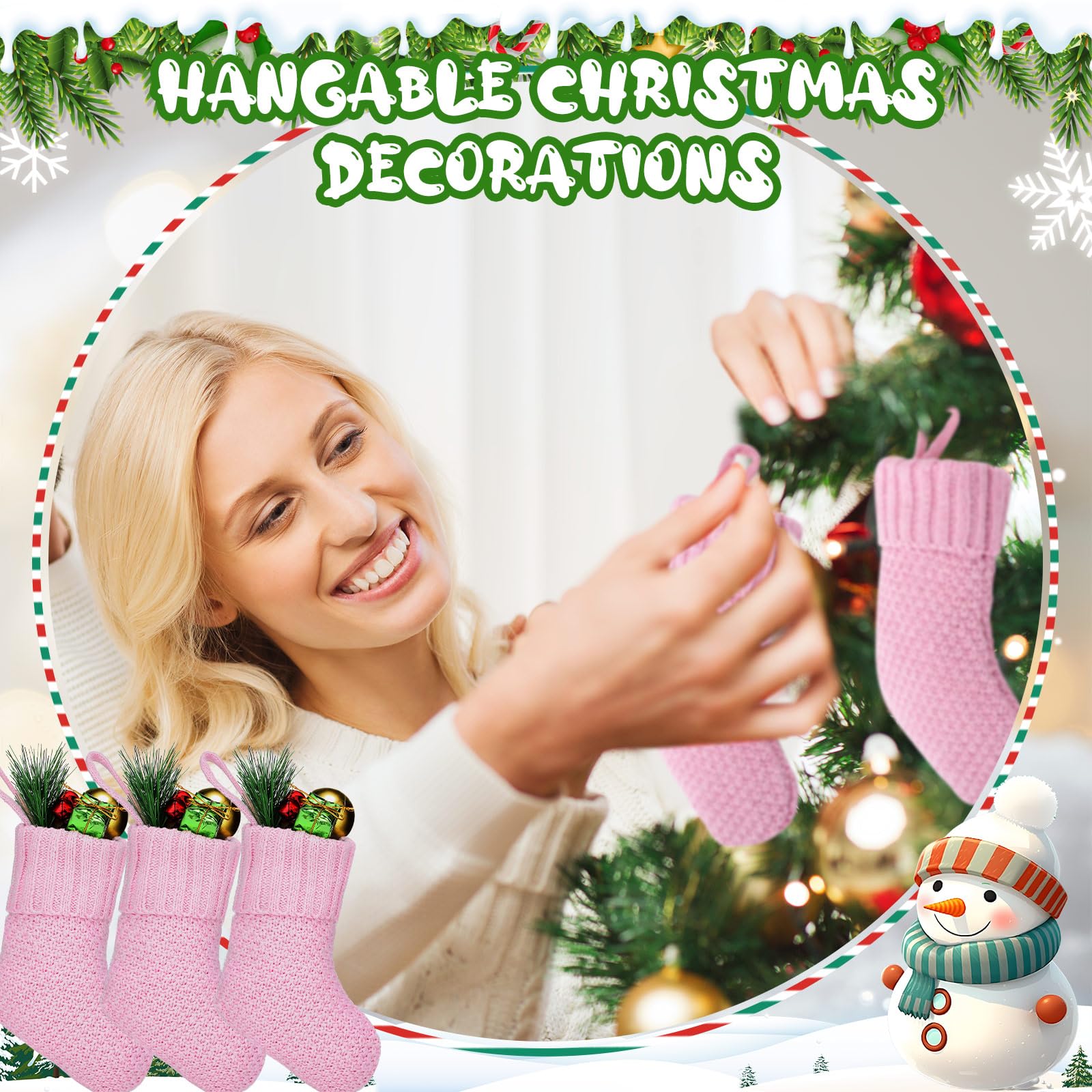 24 Pcs 7 Inch Knit Christmas Stockings - Rustic Farmhouse Cable Knit Mini Stocking Decorations for Xmas Tree Hanging, Gift Exchange & Holiday Party Decor (Pink) - Perfect for Fireplace Mantel, Staircase & Christmas Village Displays