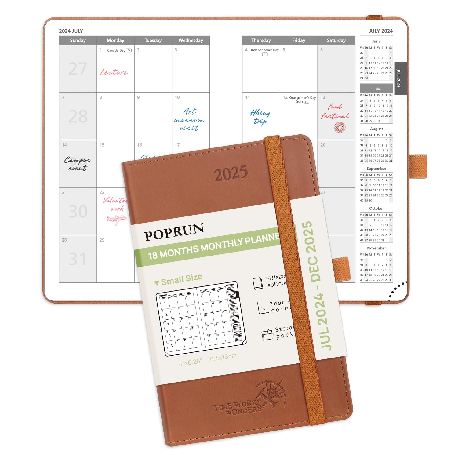 POPRUN 2024-2025 18-Month Pocket Planner (July 2024 - December 2025) - 4''x6.25'' Leather Cover Monthly Calendar with Thick 100 GSM Paper - Perfect for Purse, Travel & Daily Organization - Brown