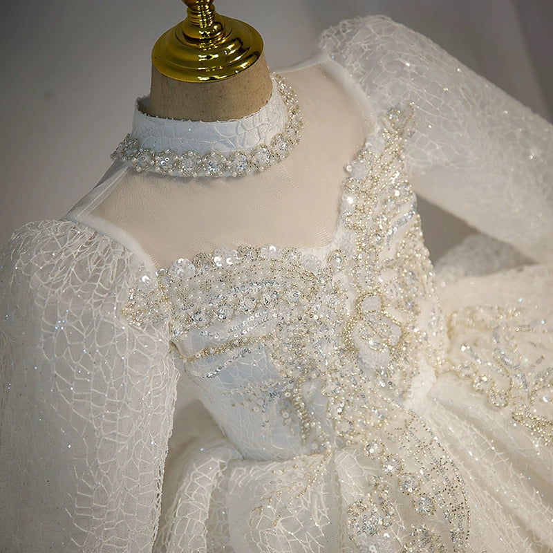 Princess Mock Neck Floor Length Tulle Flower Girl Dress in White - Perfect for Weddings, Pageants, and Special Occasions