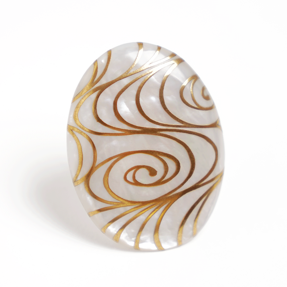 Handcrafted Maki-e Urushi Lacquer Brooch with White South Sea Pearl Shell - Flowing Water Design - Traditional Japanese Lacquer Jewelry for Women - Perfect for Weddings, Parties & Special Occasions