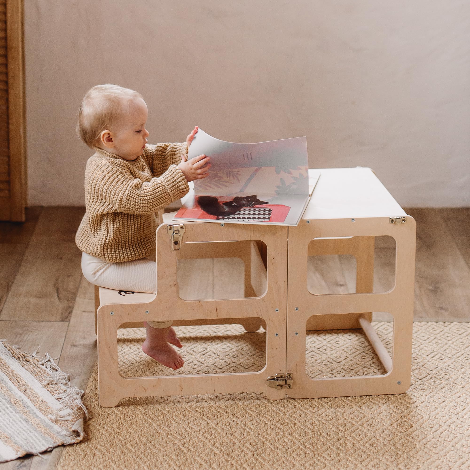 Montessori Kitchen Tower for Toddlers - Natural Wood Learning Stool with Extra Chair - Safe Step-Up Helper for Cooking & Baking Activities