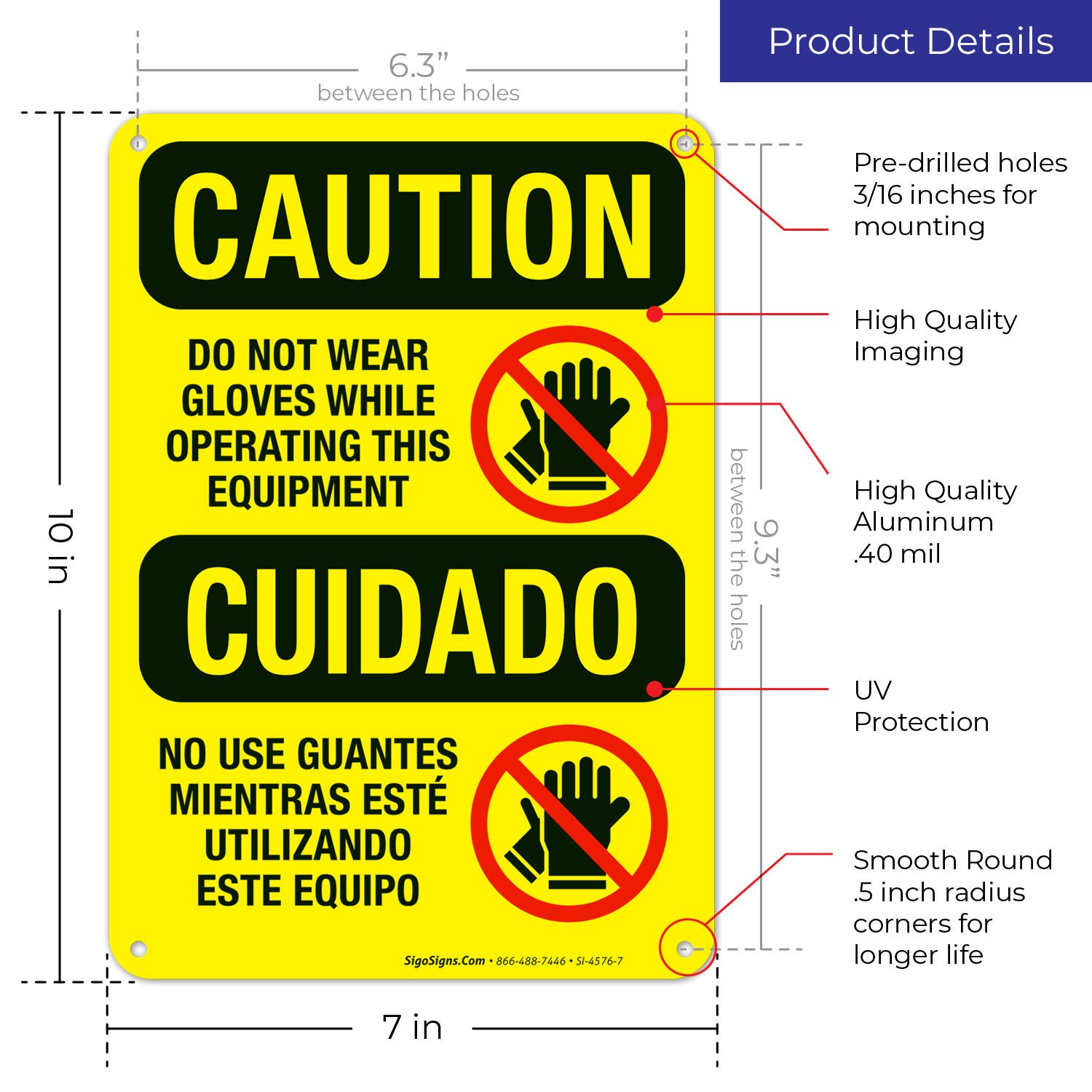 OSHA Bilingual Caution Sign - Do Not Wear Gloves While Operating Equipment (10x7 Inches) | Durable .040 Rust-Free Aluminum | Fade Resistant for Indoor & Outdoor Use | Made in USA | Perfect for Factories, Warehouses & Construction Sites