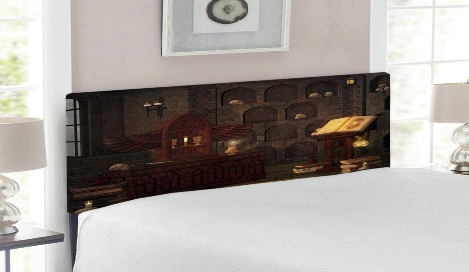 Ambesonne Gothic Queen Size Headboard - Chamber of Secret Rite with Skulls Wall Art, Upholstered Metal Bed Frame with Memory Foam, Brunette Brown - Perfect for Dark Themed Bedrooms, Gothic Decor & Halloween Home Decor