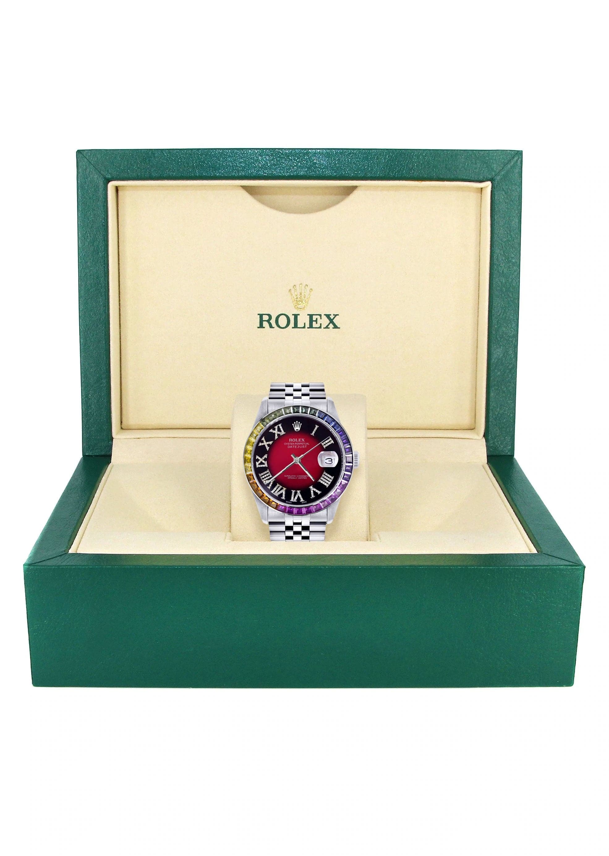 Luxury Diamond Gold Rolex Watch For Men 16200 | 36mm Stainless Steel | Rainbow Sapphire Bezel | Red Black Roman Numeral Dial | Jubilee Bracelet | Perfect for Gifts, Weddings & Special Occasions