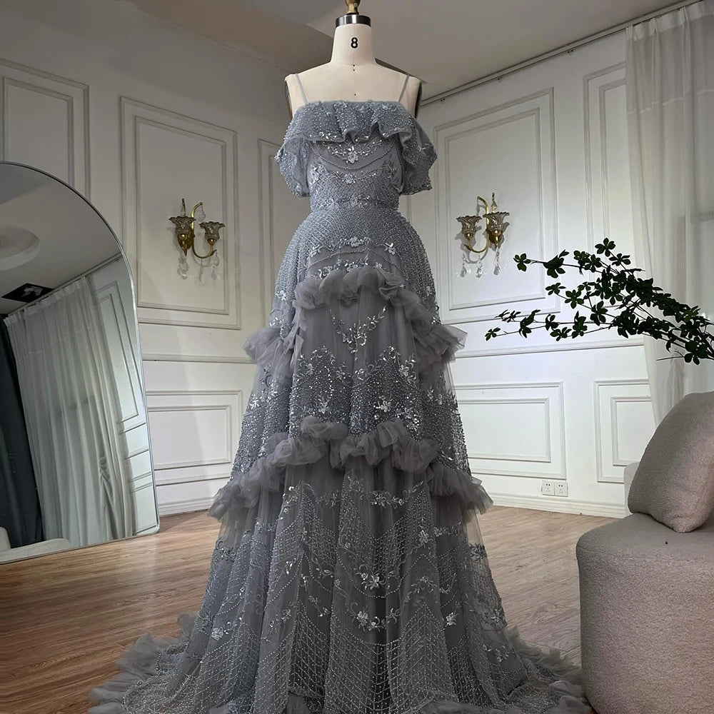 Luxury Dubai Arabic Gray A-Line Off-The-Shoulder Beaded Saudi Evening Gown LA72762 for Formal Events, Weddings & Red Carpet Occasions