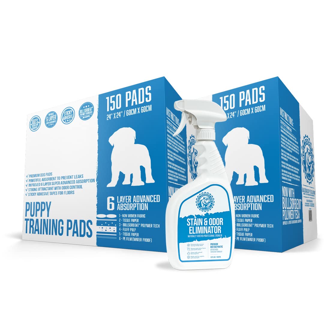 Bulldogology Premium Puppy Pee Pads with Adhesive Tape - 24x24 Inch Large Dog Training Pads | 6-Layer Quick-Dry Absorbent Technology (300 Count, 32oz, White) - Perfect for Housebreaking Puppies & Senior Dogs, Great for Crate Training and Indoor Pet Use