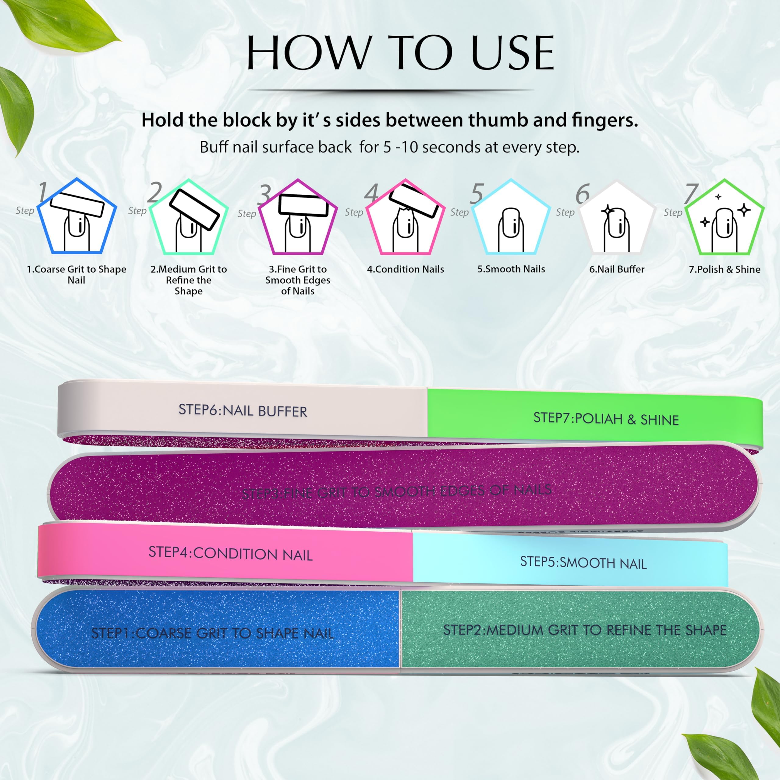 7-Way Nail Buffer Block - 150/320/600/1200/4000 Grit Professional Nail File & Polisher for Natural Nails - Achieve Shiny, Smooth Nails at Home or Salon - Perfect for Manicures, Pedicures & Nail Care Routine