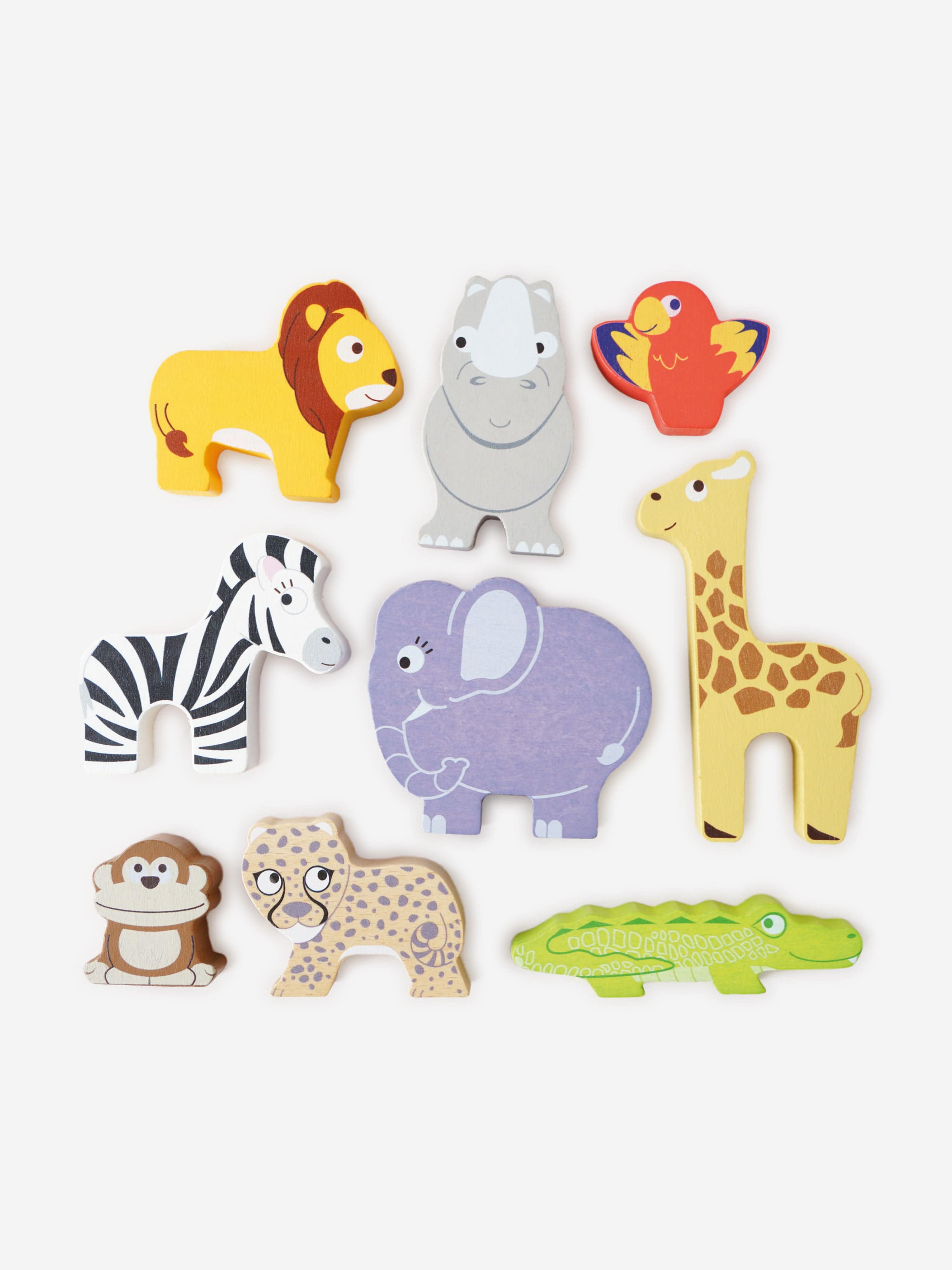 Africa Stacking Animals Toy Set with Storage Bag - 10 Piece Wooden Animal Figures (7x2x6cm) for Kids Learning & Play - Perfect for Montessori, Nursery Decor, and Educational Gifts