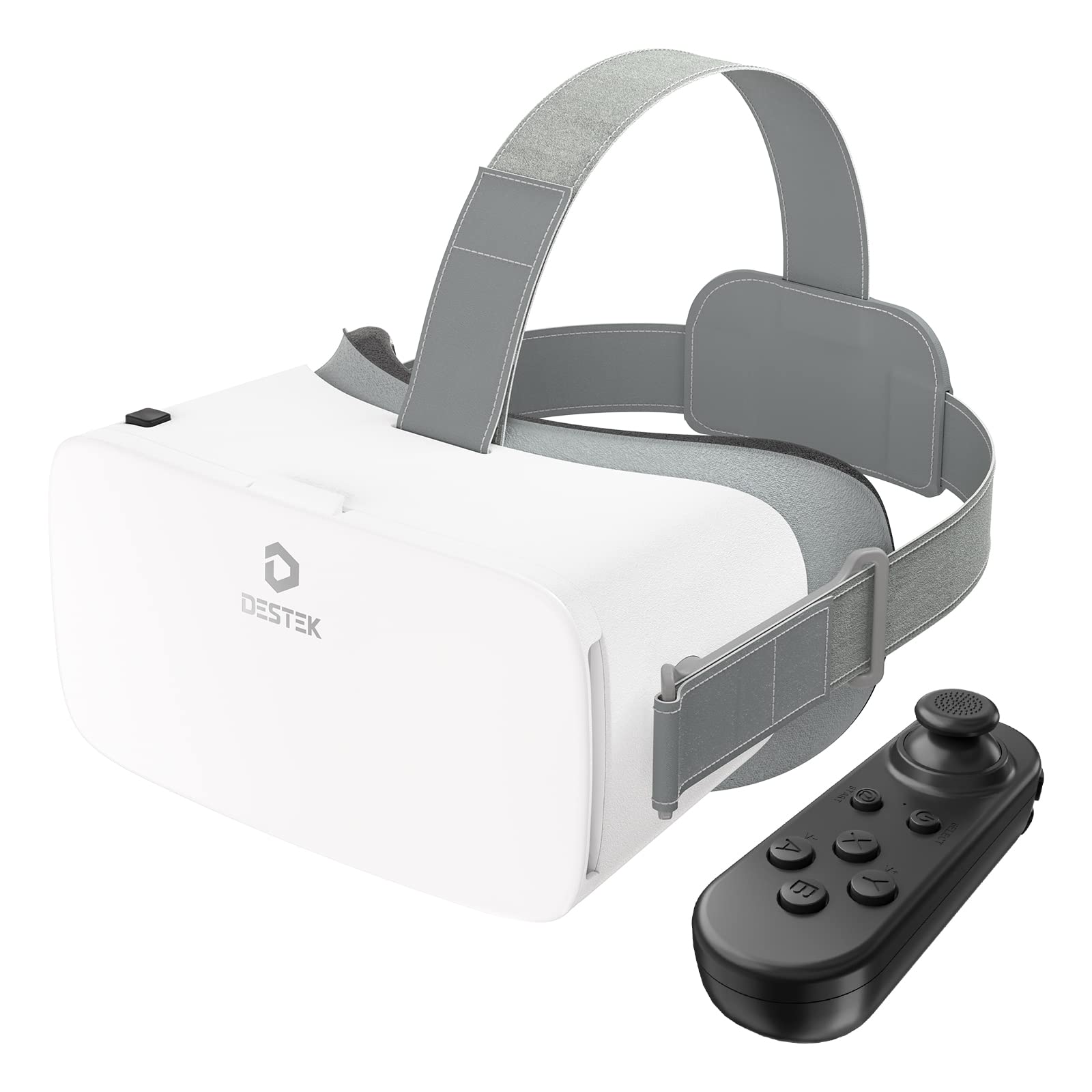 DESTEK V5 VR Headset for iPhone 15/14/13/12/11 & Samsung Android Phones - Wireless Controller, Anti-Blue Light HD Lenses, 110° FOV Virtual Reality Goggles (White) - Perfect for Gaming, Movies & 3D Experiences