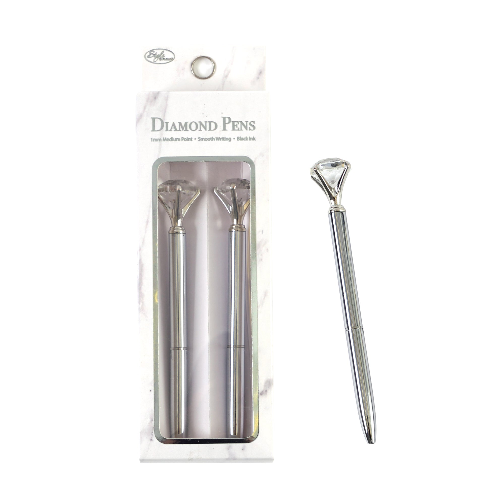 2-Pack Diamond Accent Metal Pens - Medium Point Black Ink for Writing, Journaling & Office Use
