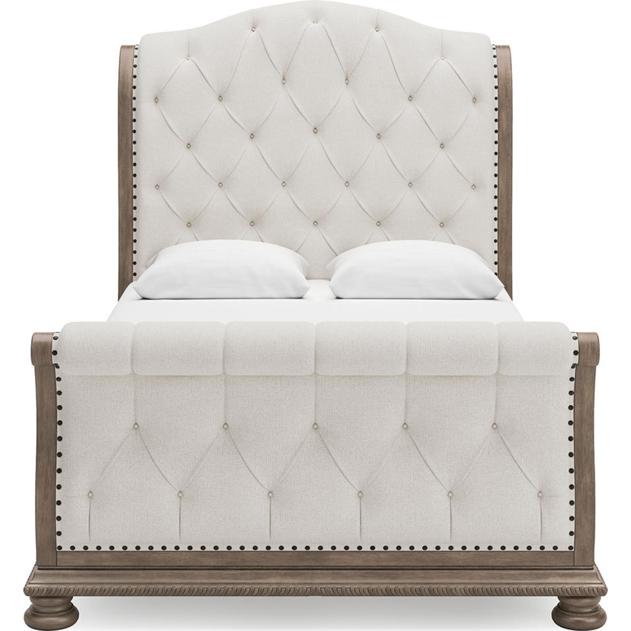 Ardenfield Queen Sleigh Bed Frame - Light Brown Finish - Elegant Upholstered Headboard & Footboard - Perfect for Master Bedroom & Guest Room Decor