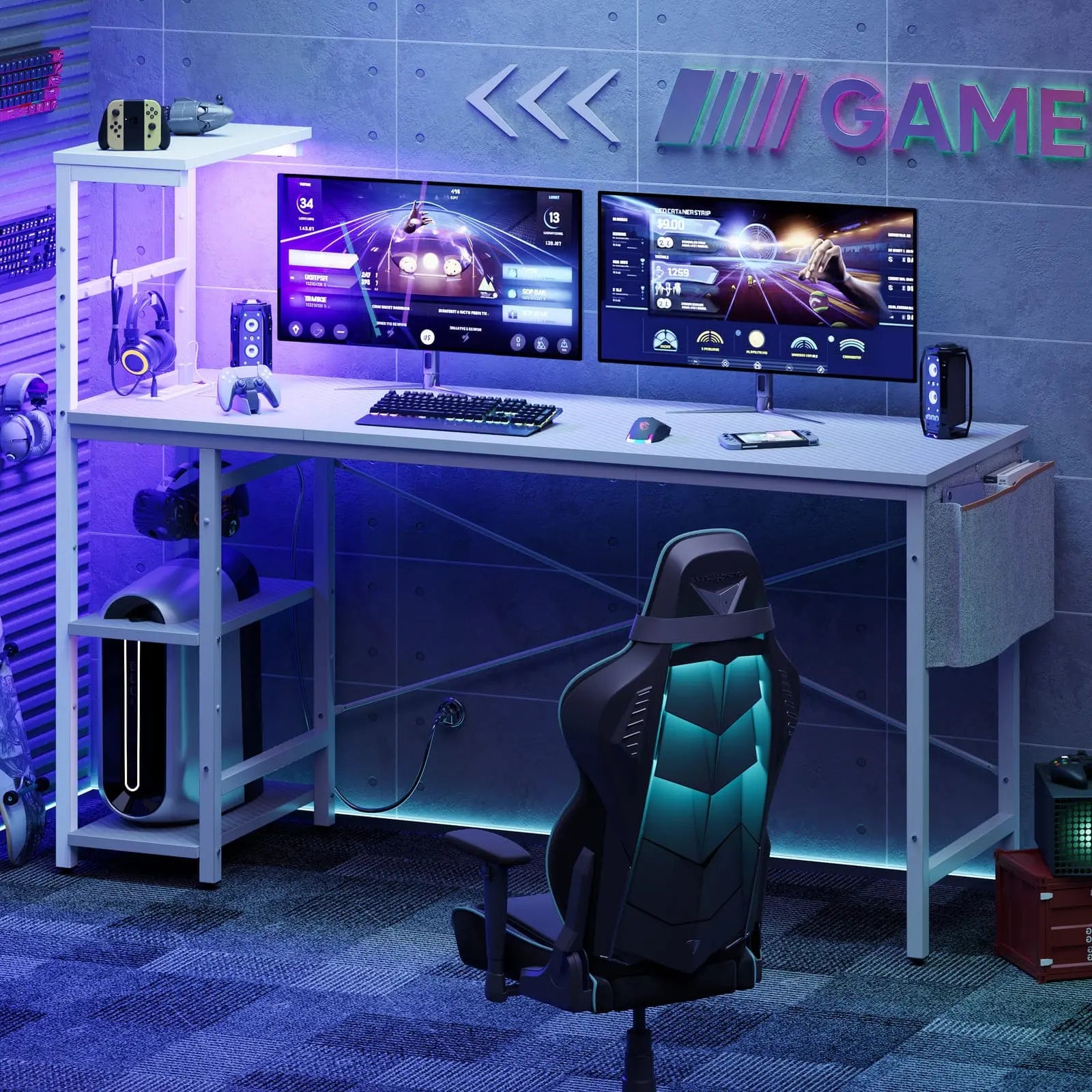 Bestier 61 Inch Large Computer Desk with Reversible Shelves - Ergonomic Gaming Desk for PC, Laptop & Workstation - Perfect for Home Office, Gaming Setup & Study Room