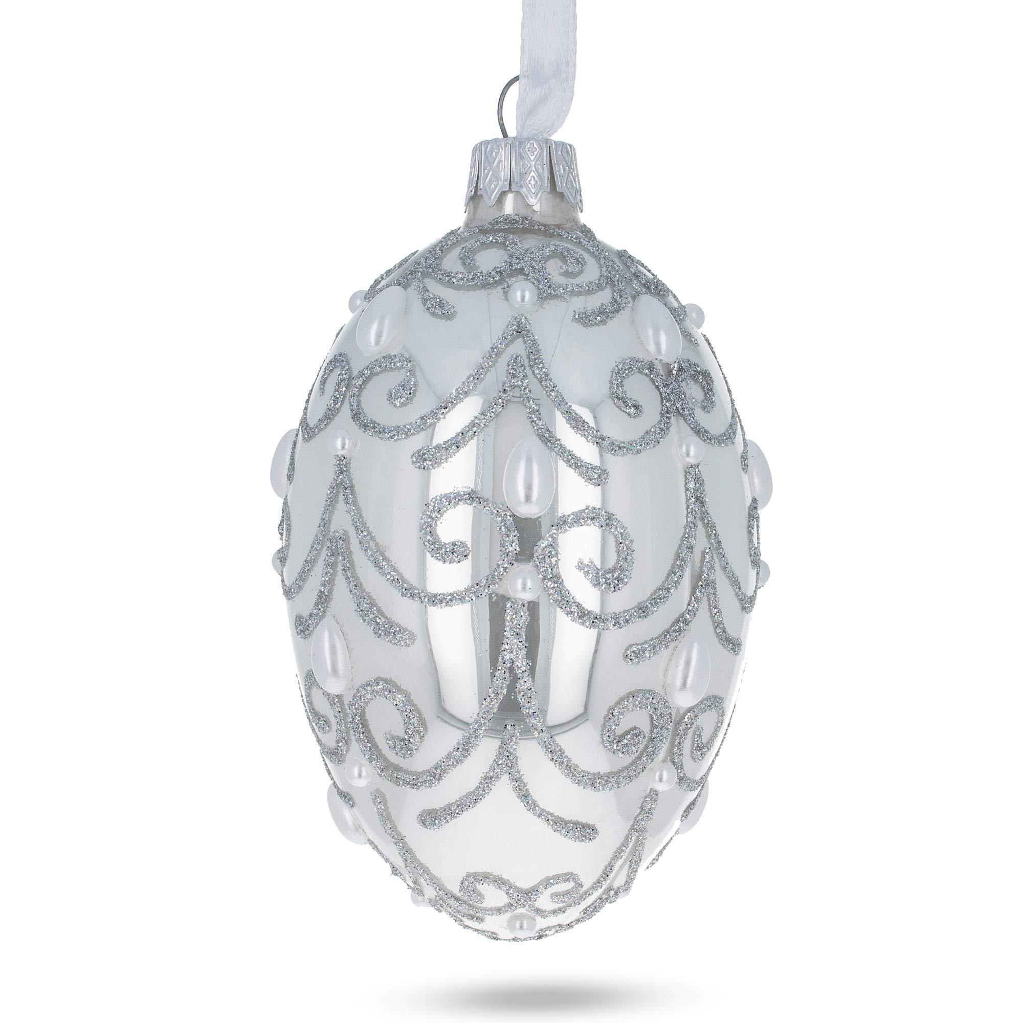 4 Inch Glossy White Glass Jeweled Beads Egg Ornament - Perfect for Christmas Tree Decor, Easter Decorations & Home Holiday Centerpiece