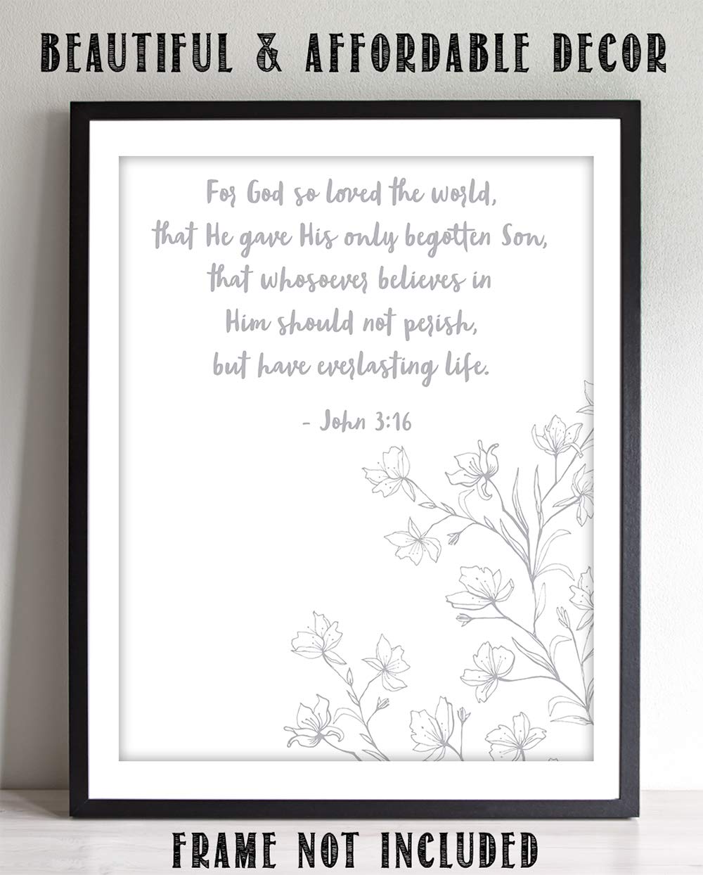 TJ Originals - John 3:16 Bible Verse Wall Art Decor - 11x14 Christian Scripture Print - Inspirational Religious Home Decor Gift for Family, Friends & Women - Perfect for Living Room, Bedroom & Church Decor (Flower Line Art Design)