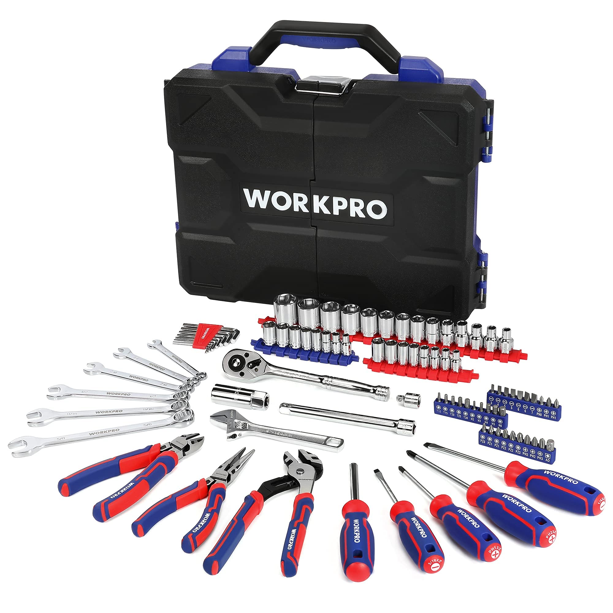 WORKPRO 87-Piece Household & Auto Repair Tool Kit with Pliers, Screwdrivers, Sockets, Wrenches & Toolbox - Complete Mechanic Tool Set for Homeowners, DIYers, Handymen - Perfect for Home Repairs, Car Maintenance & DIY Projects
