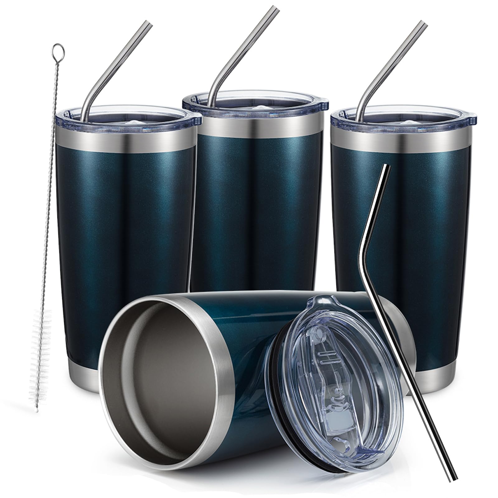 COMOOO 20oz Double Wall Vacuum Insulated Stainless Steel Travel Mug with Lid & Straw - Powder Coated Durable Tumbler for Hot & Cold Drinks - Perfect for Office, Commuting, Camping & Outdoor Activities (Peacock Blue, 4-Pack)