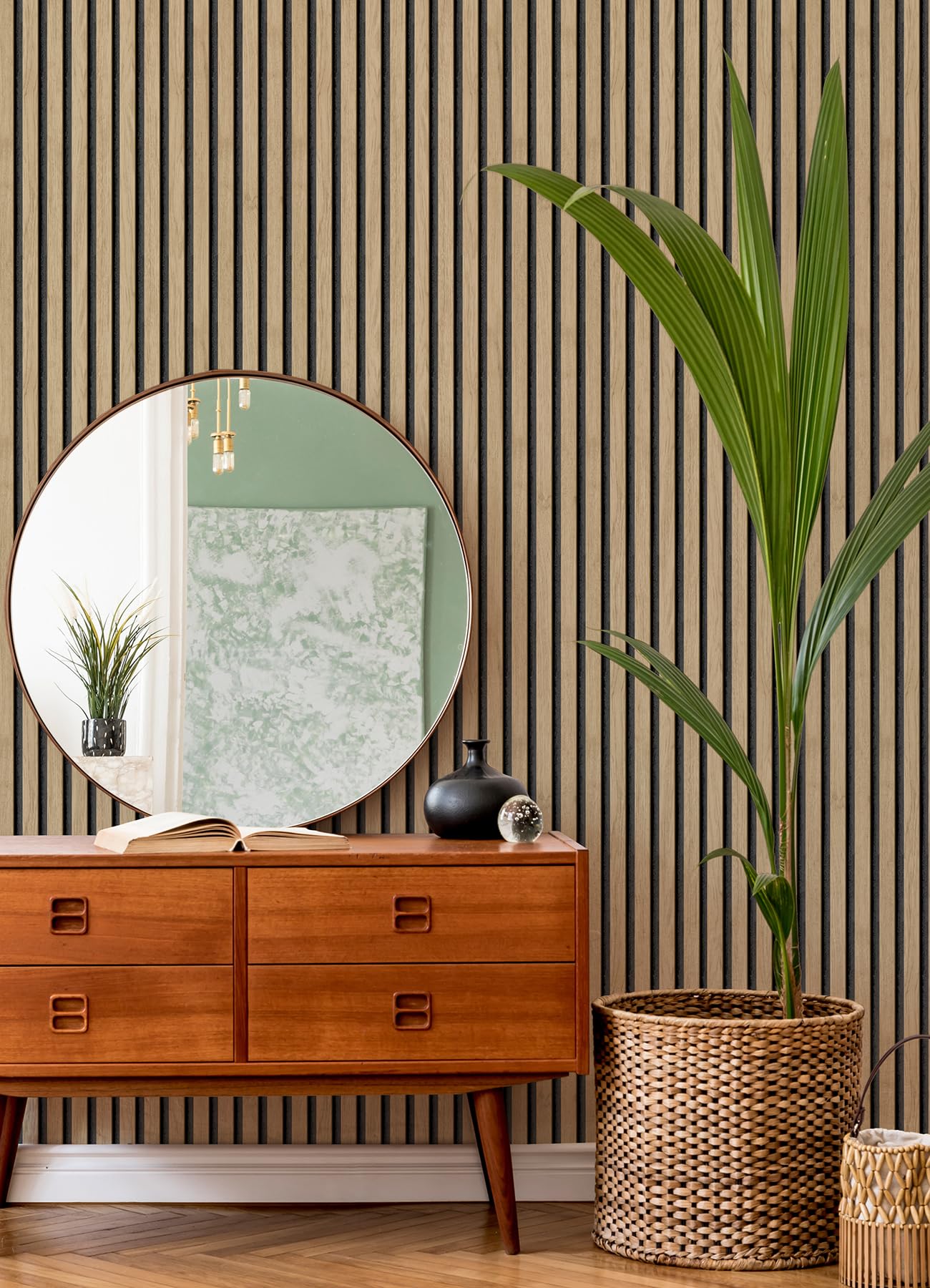 Self-Adhesive Oak Slat Wood Wallpaper - Peel and Stick Wooden Wall Panel for Bedroom, Living Room & Home Decor - Easy DIY Installation & Removable Backing