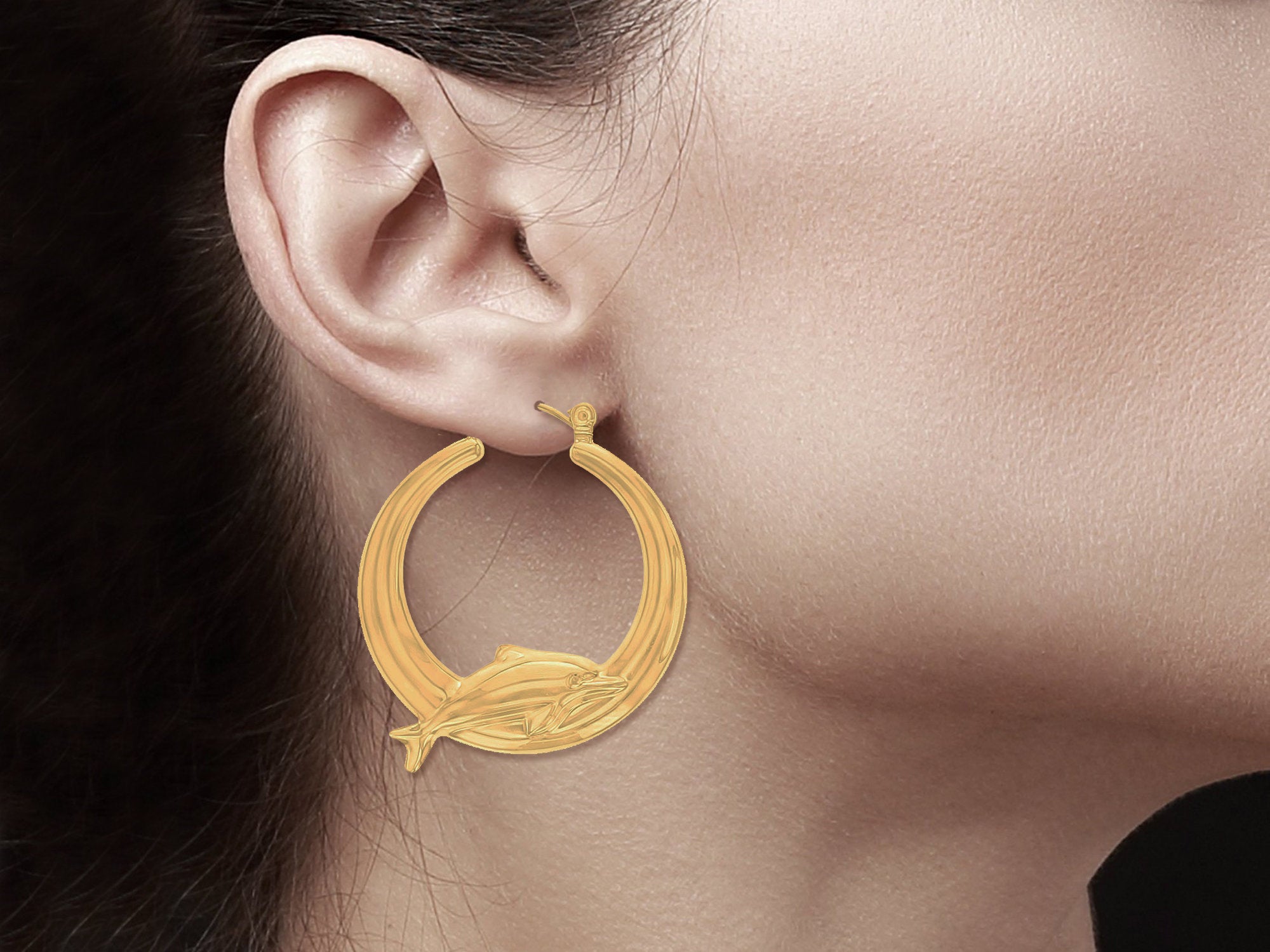 14K Yellow Gold Polished Dolphin Hoop Earrings - Elegant & Durable for Everyday Wear, Parties & Gifting
