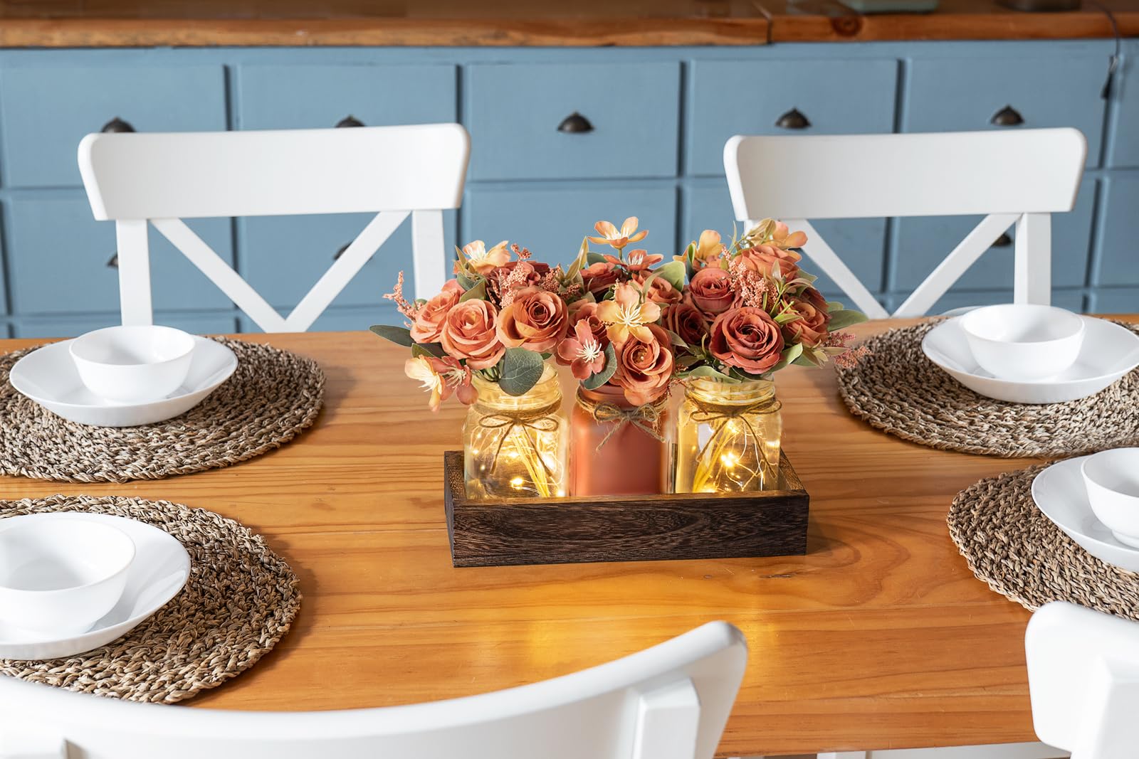 Mkono Mason Jar Lights - 3 Pack Farmhouse Table Decor with Flowers, Orange Glass Centerpiece for Dining Room, Kitchen, Living Room | Perfect for Spring Decor, Wedding, Party, and Rustic Home Decorations