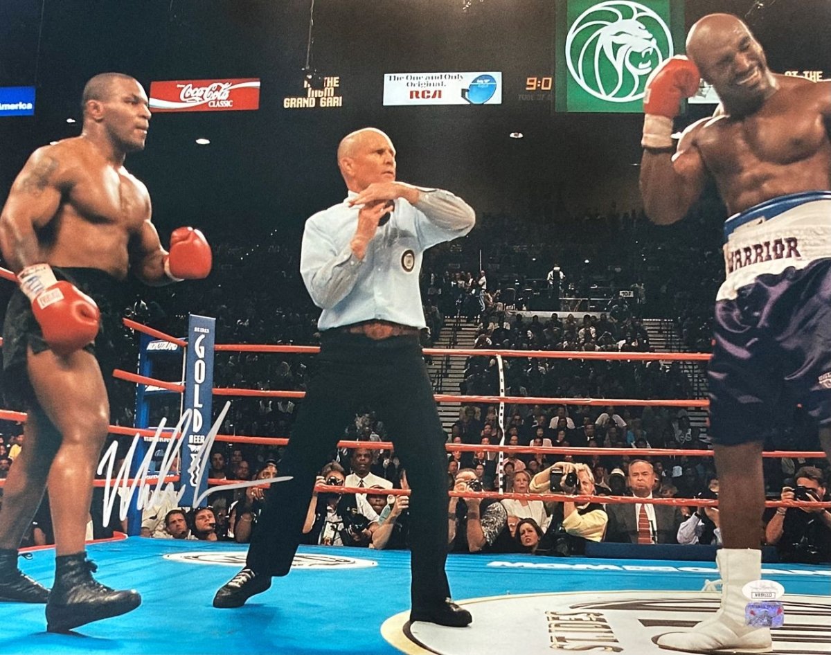 Mike Tyson vs Evander Holyfield Signed 16x20 Boxing Photo - Ear Bite Fight Moment - JSA Certified Authentic - Perfect for Sports Memorabilia Collections & Man Cave Decor