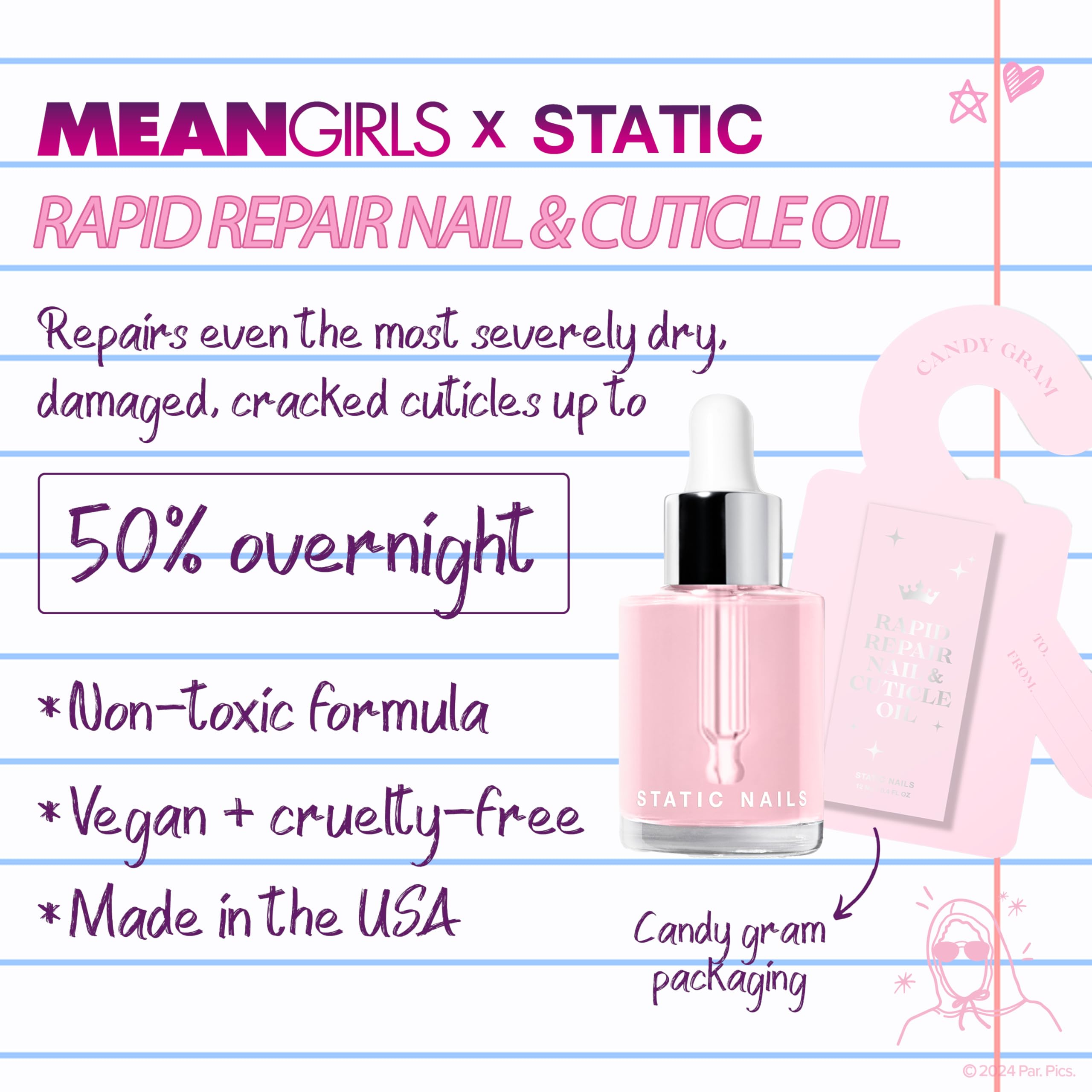 Static Nails Mean Girls x Rapid Repair Nail And Cuticle Oil - Reusable Pop-On Manicure Kit | Seamless Natural Looking Press On Fake Nails with Cuticle Care | Perfect for Parties, Weddings & Everyday Glam