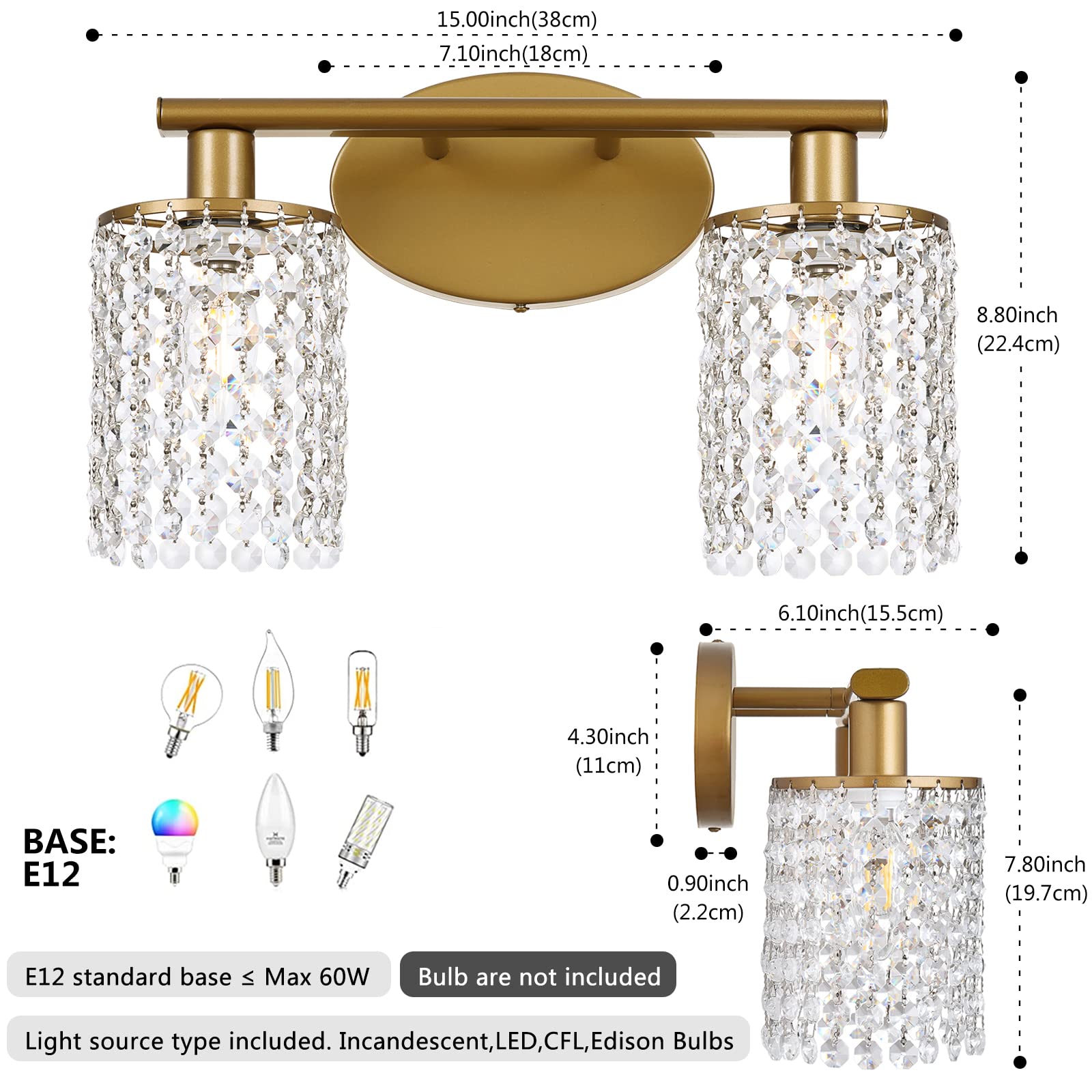 Crystal Gold Bathroom Vanity Lights - 2-Light Wall Sconce Fixtures for Bathroom & Bedroom | Elegant Wall Lighting for Modern Home Decor