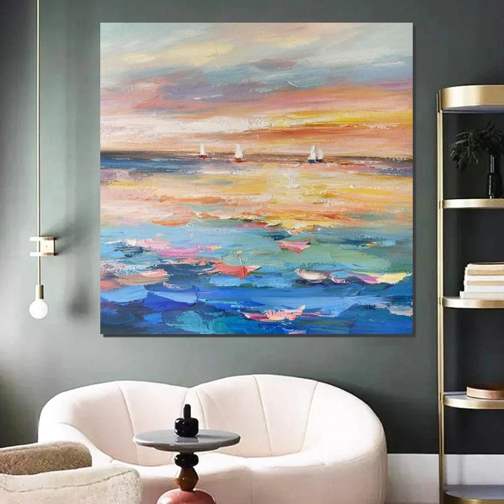 Abstract Landscape Wall Art - Sail Boat at Sea Contemporary Modern Canvas Painting for Bedroom Decor | Hand Painted Large Wall Artwork | Perfect for Living Room, Office & Home Interior Design